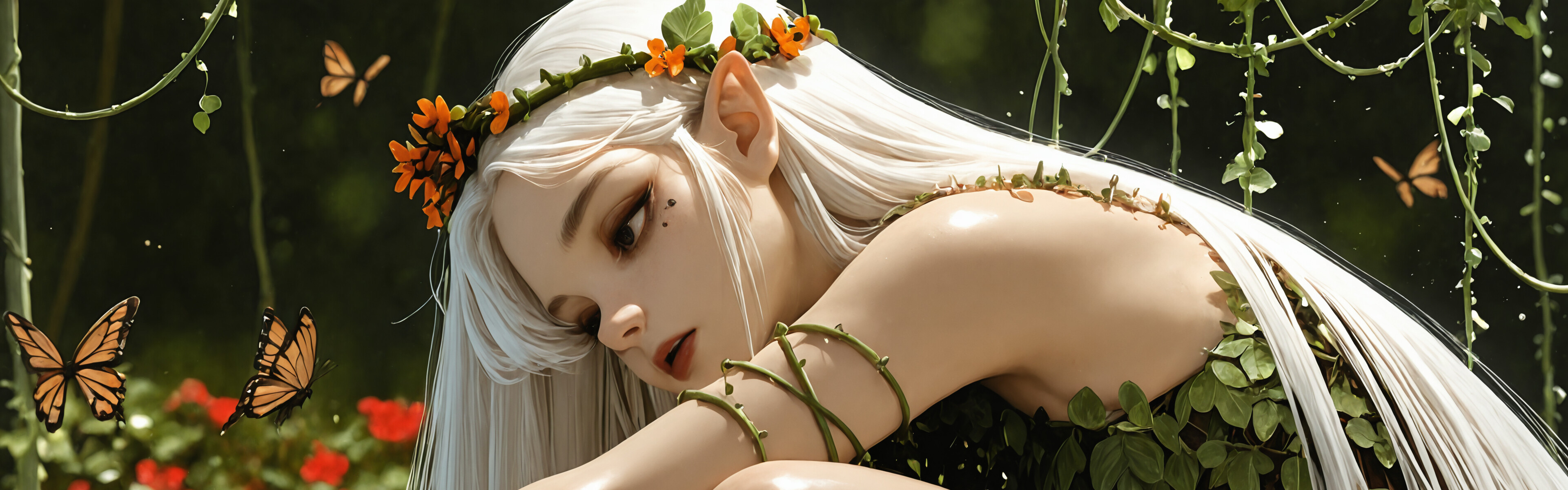 A side-profile view of a fantasy elf girl with very long white hair and pointed ears, crouching in a sunlit green forest. She wears a dress made of leaves and a hair ornament with butterflies.