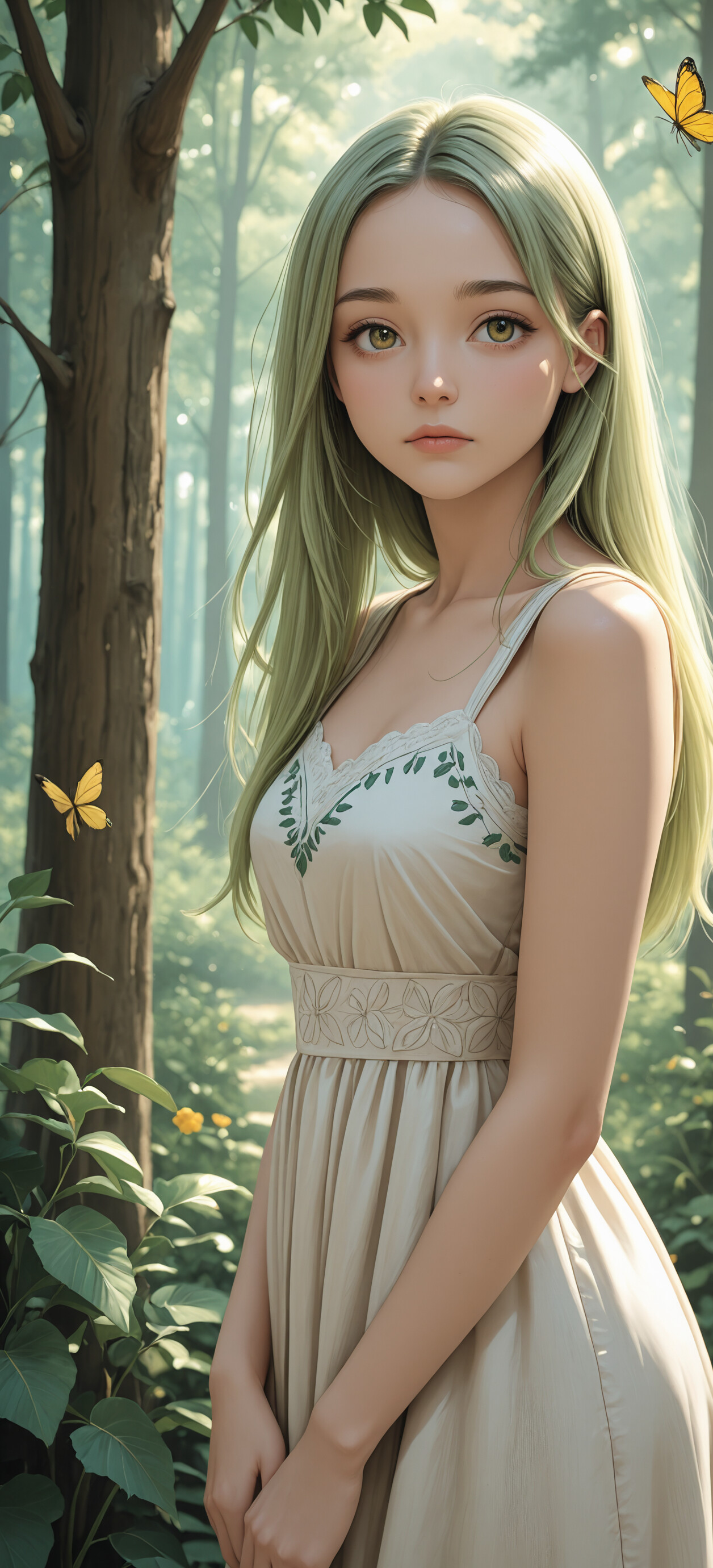 A young woman with long, light green hair and golden eyes stands in a sunny forest. She wears a simple cream dress, and yellow butterflies fly around her among the tall trees.
