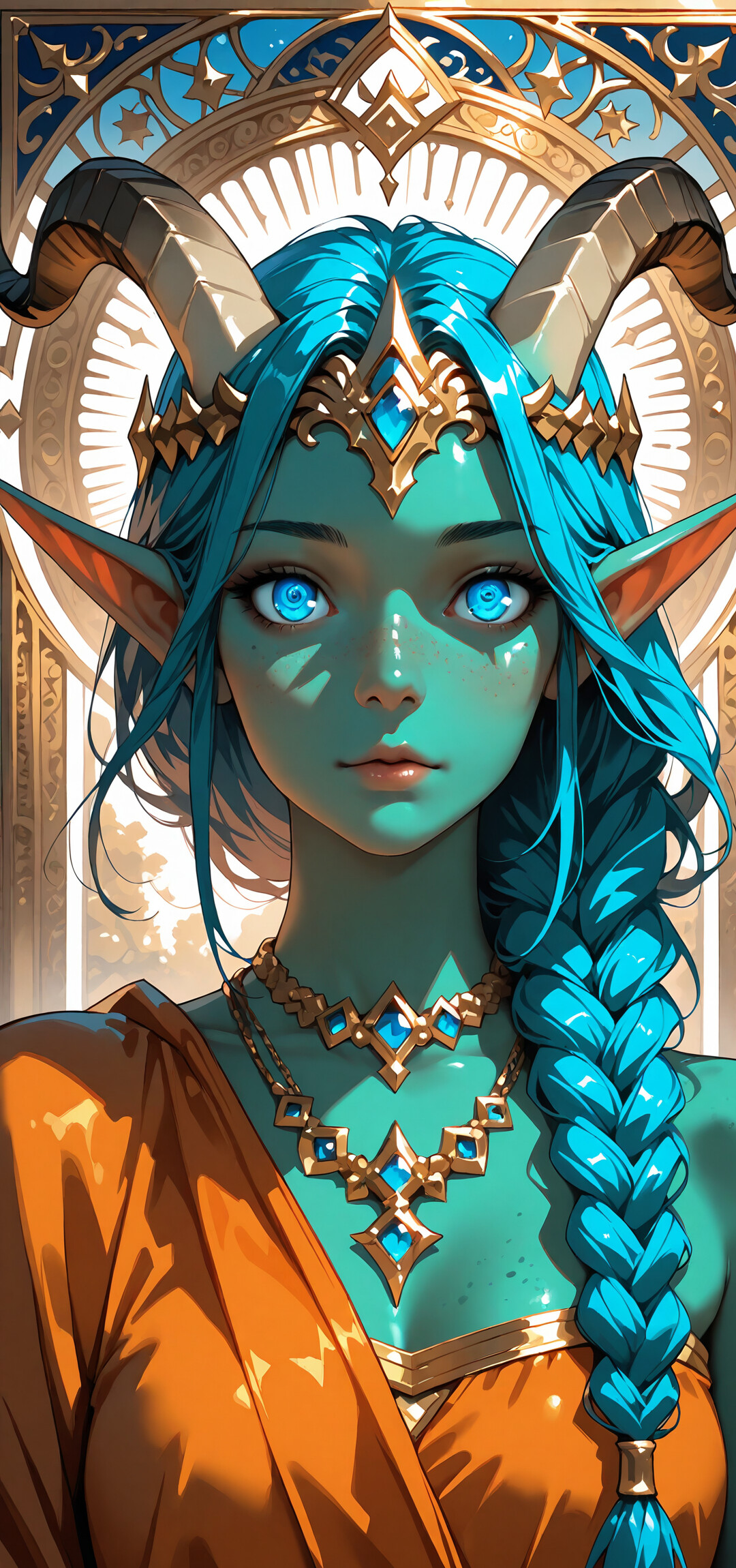 A digital portrait of a fantasy elf princess with light green skin, long blue braided hair, and striking blue eyes. She wears an elaborate golden crown with black horns and a matching necklace against an ornate, circular background.