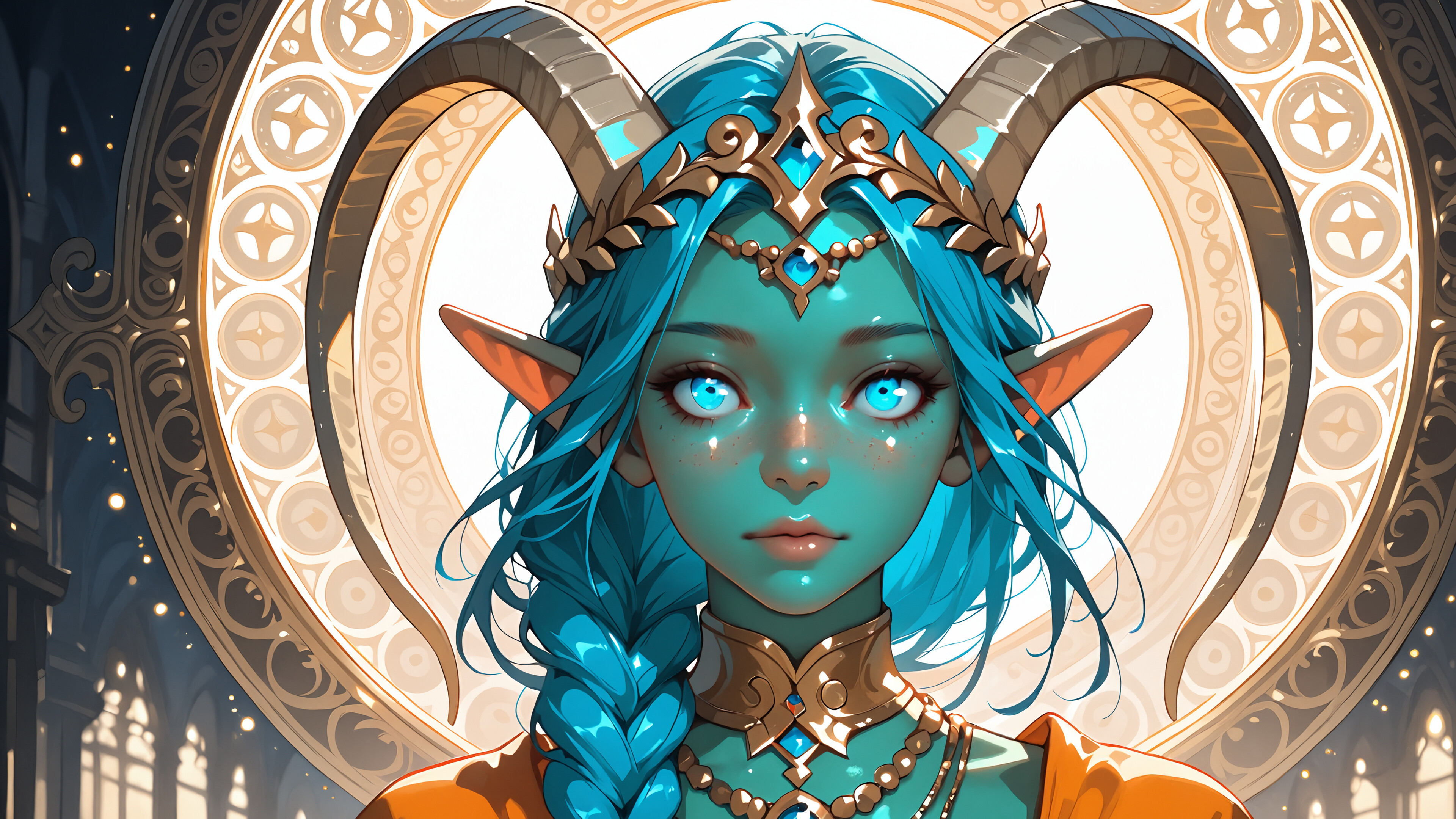 A digital portrait of a fantasy elf princess with light green skin, long blue braided hair, and striking blue eyes. She wears an elaborate golden crown with black horns and a matching necklace against an ornate, circular background.