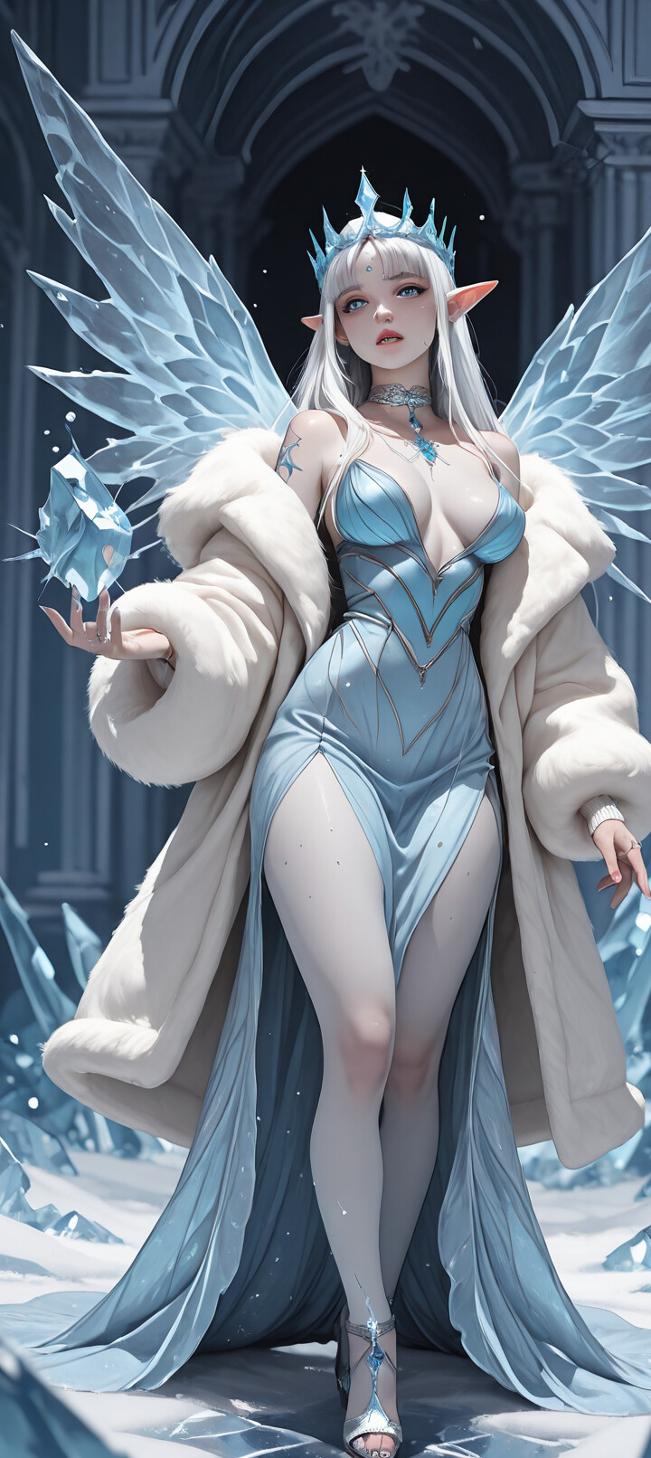 A full-length digital illustration of a beautiful elf queen with long white hair, ice wings, and pointed ears. She is wearing an elegant blue dress, a white fur coat, and an ice crown, standing inside a magnificent ice palace and holding a magical snowflake.