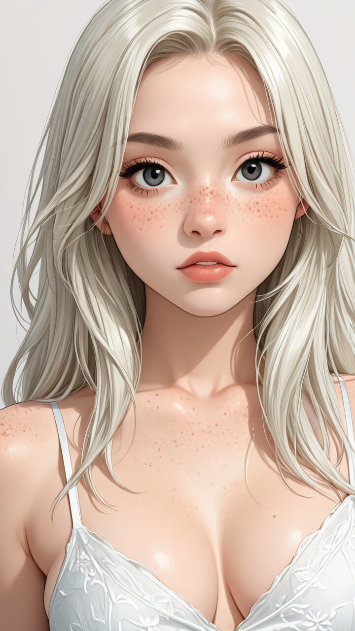 A digital portrait of a beautiful young woman with long white hair, large gray eyes, and freckles, wearing a detailed white lace top against a light gray background.