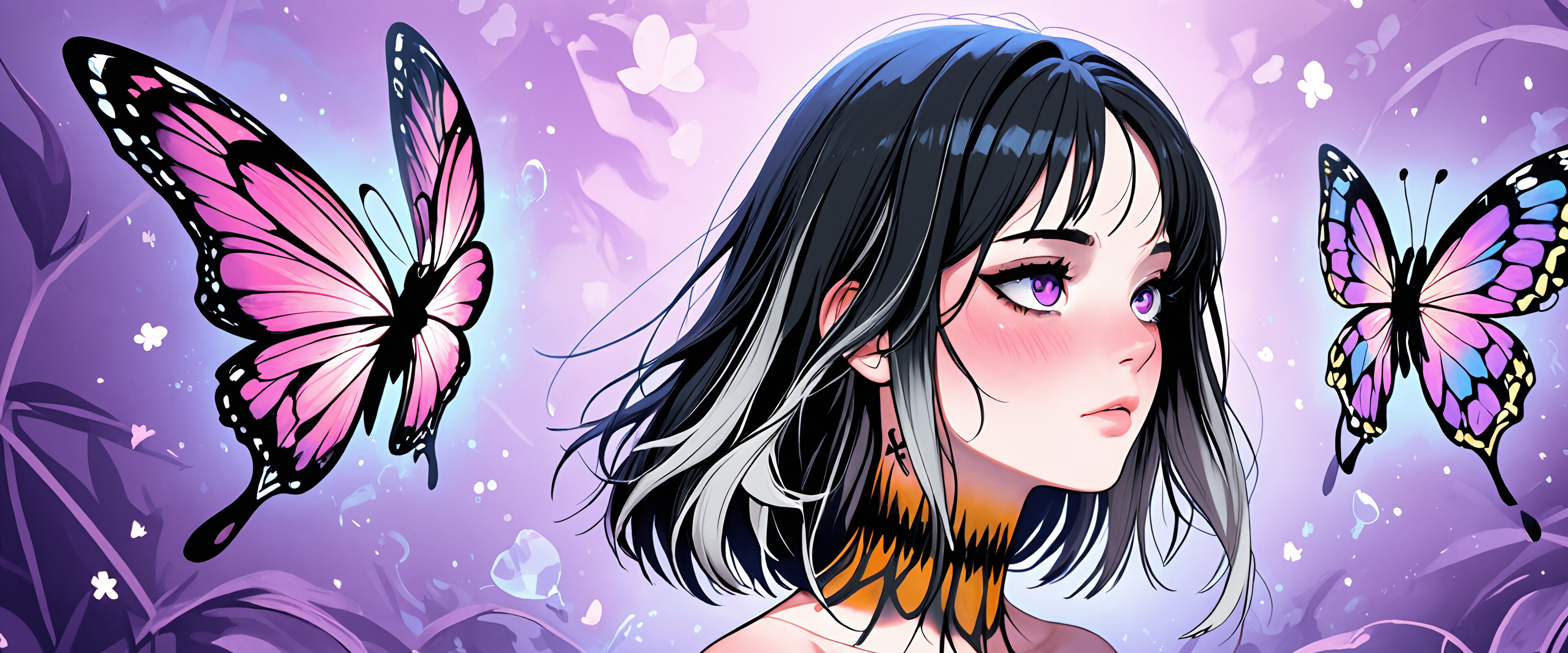 A close-up portrait of a beautiful fantasy girl with black and silver split hair and vibrant purple eyes. A large, colorful butterfly is perched by her temple, and she wears a black choker with a butterfly pendant against a magical purple background.