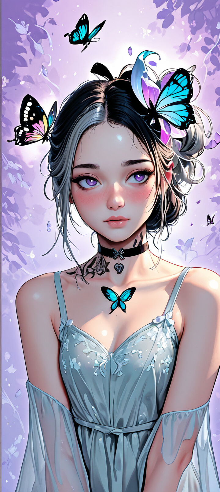 A close-up portrait of a beautiful fantasy girl with black and silver split hair and vibrant purple eyes. A large, colorful butterfly is perched by her temple, and she wears a black choker with a butterfly pendant against a magical purple background.