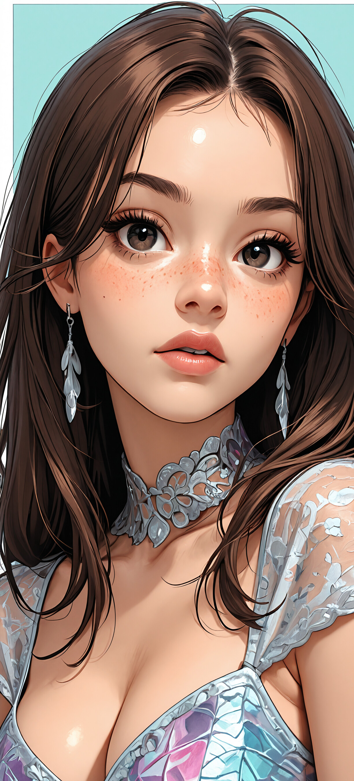 A digital illustration of a beautiful young woman with long platinum blonde hair, large grey eyes, and freckles, wearing a white lace top.