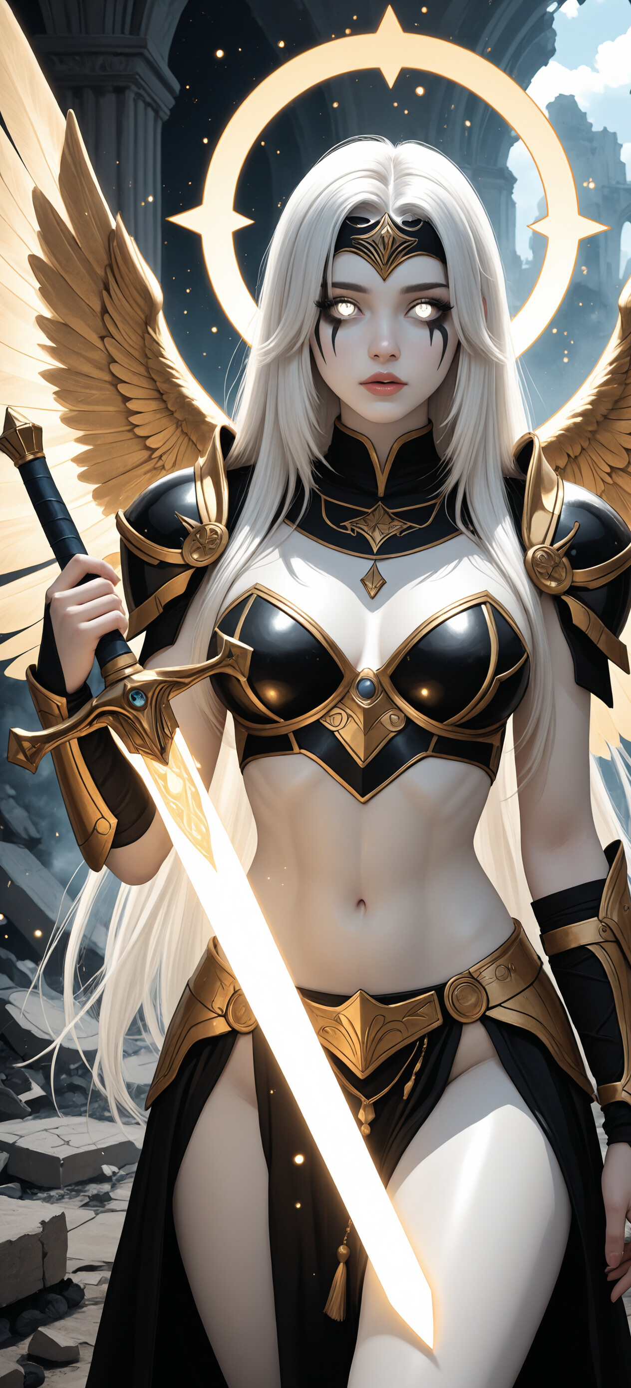 A beautiful angelic warrior, the Seraphim from the Sacred games, with long white hair, glowing white eyes, and large golden wings, wearing black and gold armor and holding a glowing sword in a ruined celestial setting.