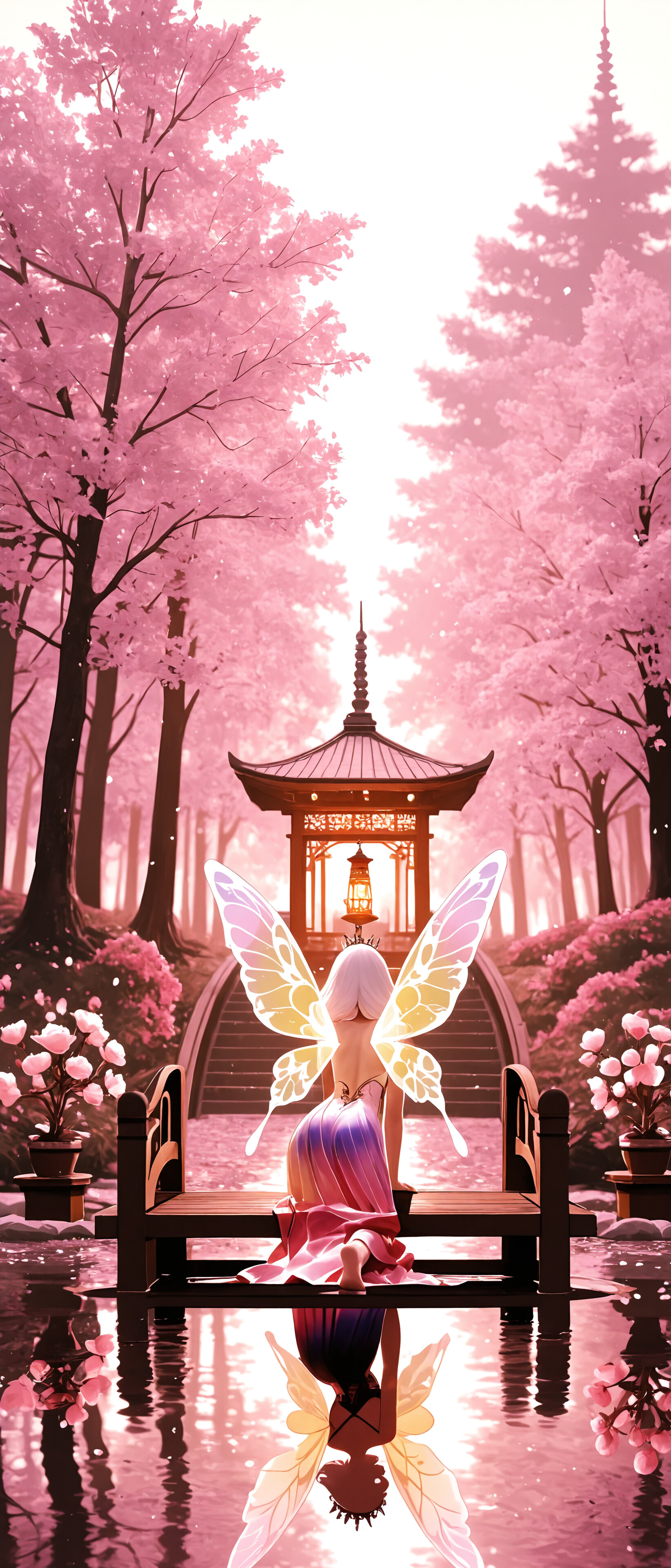 A white-haired fairy queen with large, glowing wings, seen from behind, kneels on a wooden deck overlooking a tranquil pool in a forest of pink cherry blossoms with a pagoda in the background.