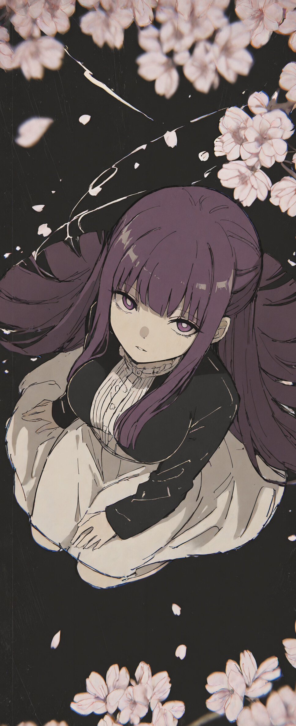 An anime-style illustration of Fern from Frieren: Beyond Journey's End, a young woman with long purple hair and purple eyes, sitting on a black background and looking up. She is wearing a black jacket, a white high-collared blouse, and a white skirt. A purple magical aura surrounds her, with out-of-focus cherry blossoms framing the top and bottom of the image.