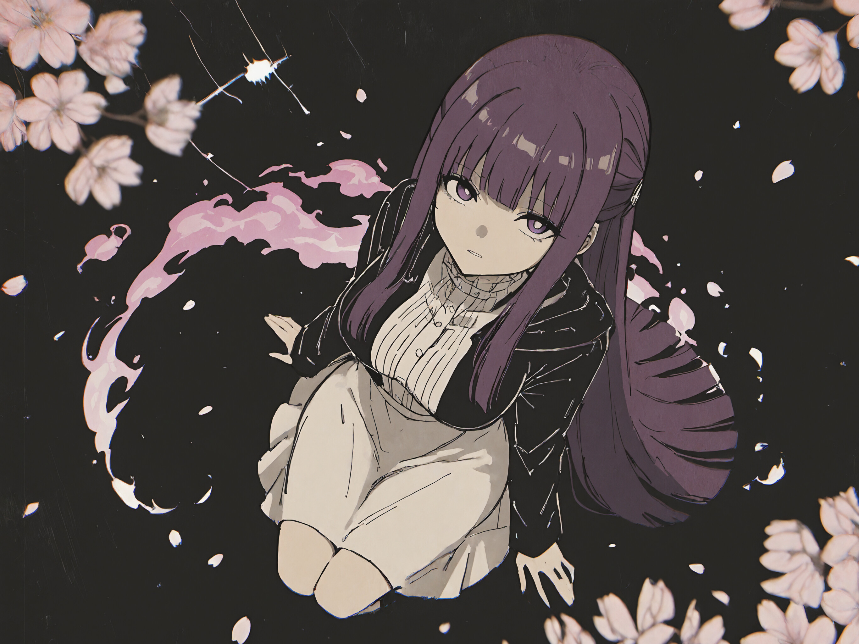 An anime-style illustration of Fern from Frieren: Beyond Journey's End, a young woman with long purple hair and purple eyes, sitting on a black background and looking up. She is wearing a black jacket, a white high-collared blouse, and a white skirt. A purple magical aura surrounds her, with out-of-focus cherry blossoms framing the top and bottom of the image.