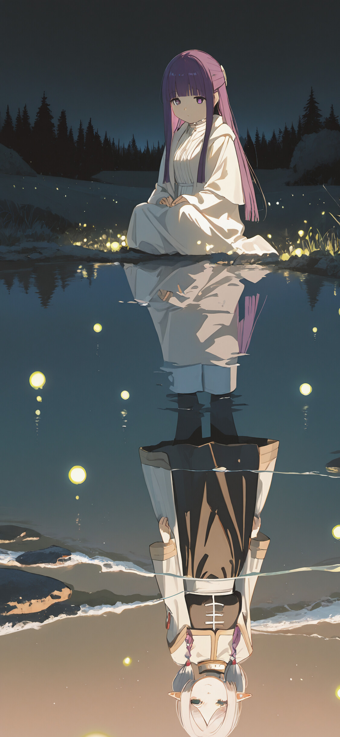 An anime girl with long purple hair, identified as Fern, stands by a lake at twilight, looking up at a starry sky featuring the Milky Way and a large shooting star.