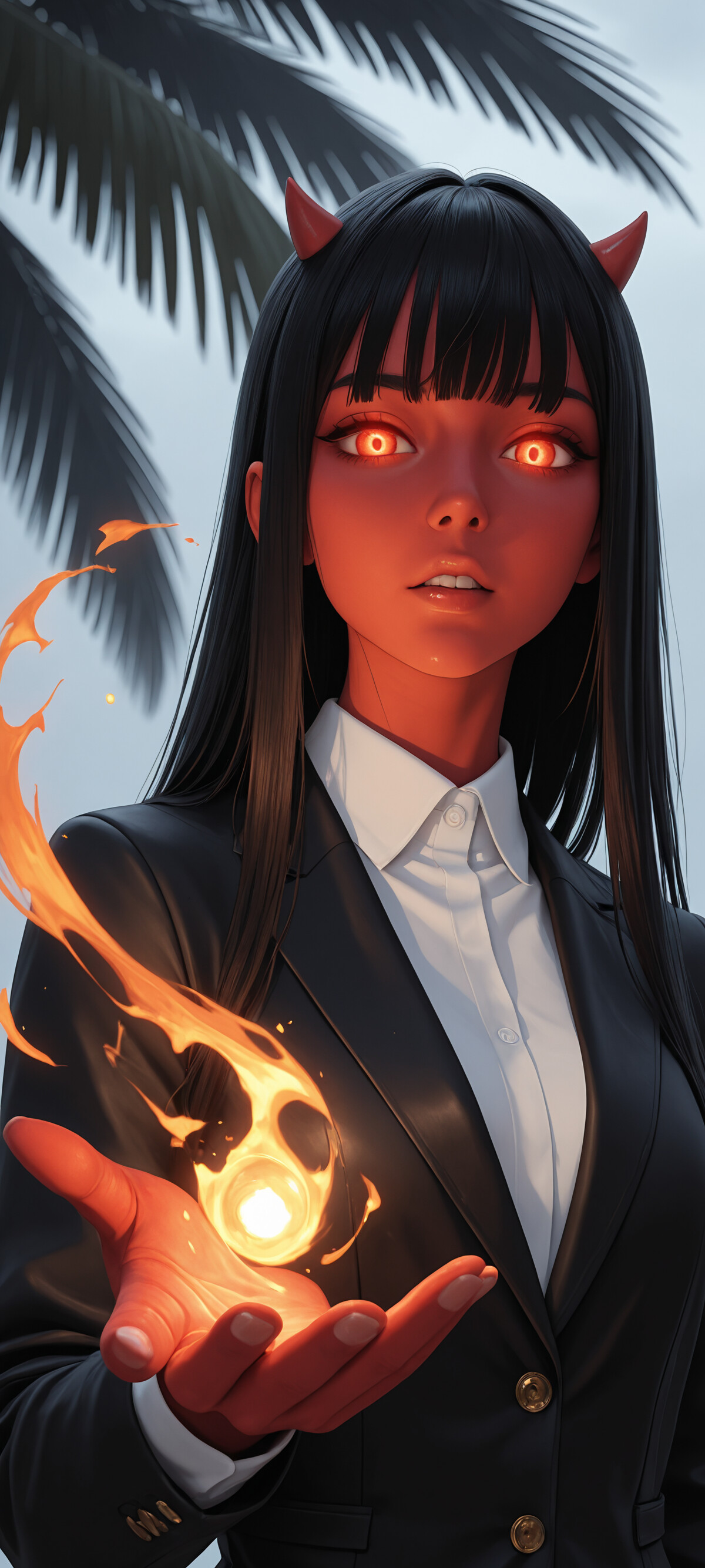 An anime-style illustration of a demon girl with red skin, black hair, and horns. She wears a black suit, and a flame comes out of her glowing red eye as she holds her hand up to the viewer.