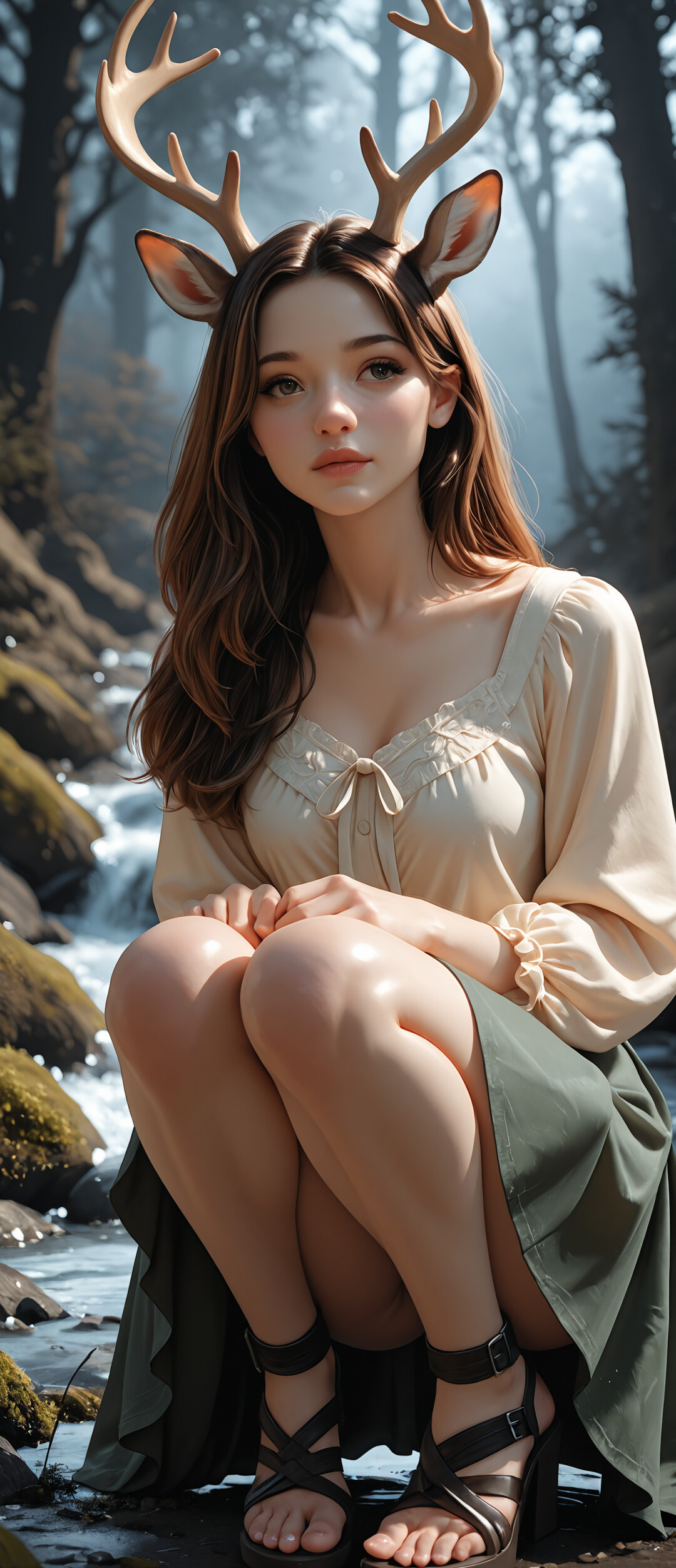 A full-body portrait of a beautiful young woman with deer antlers and ears, crouching by a stream in a sunlit forest. She is wearing a cream blouse, a green skirt, and brown heeled sandals.