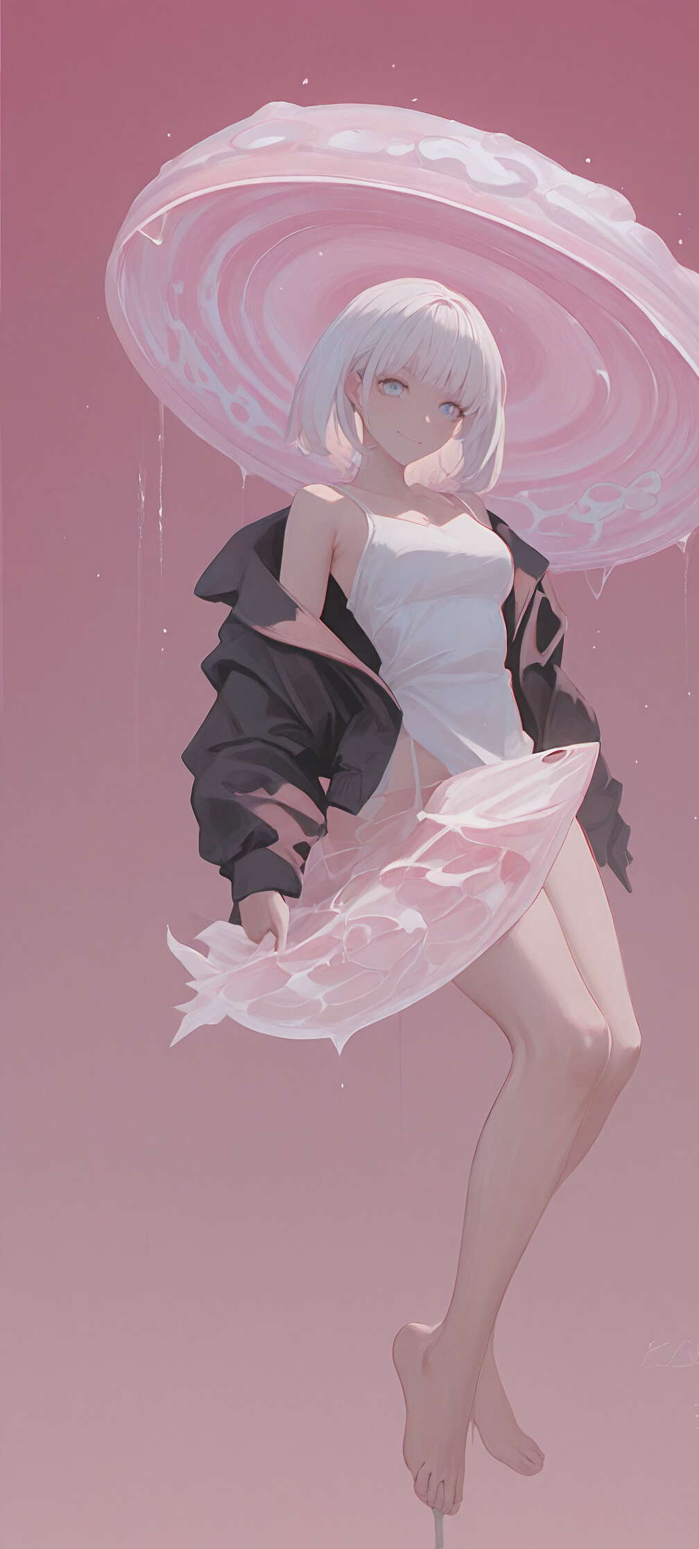 An anime girl with long white hair kneels in a fountain of white liquid, as a large dark sphere drips more of the liquid from above her, all in a pastel pink monochrome.