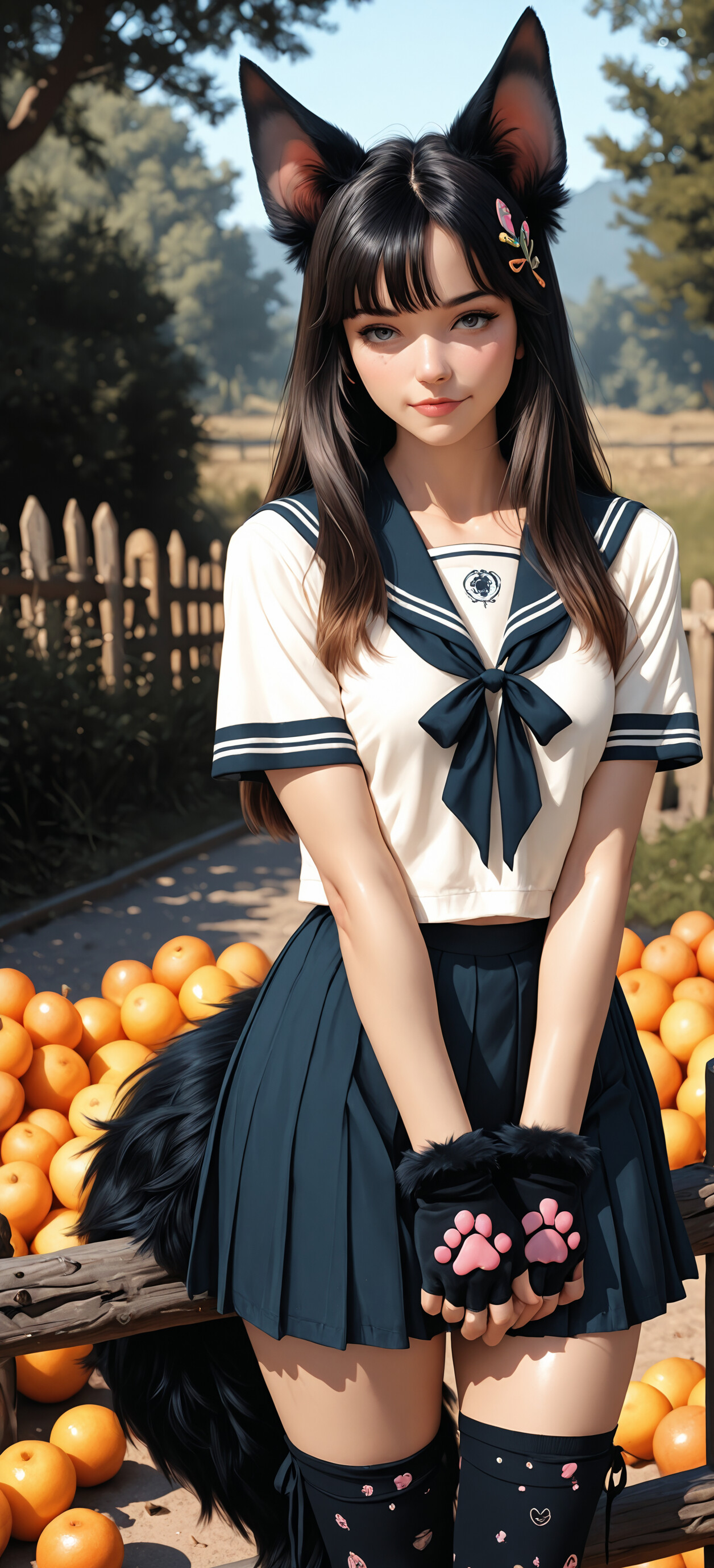 A young woman with black fox ears and a fluffy tail, wearing a sailor school uniform and paw-print gloves, sits on a wooden fence in front of an orange tree.