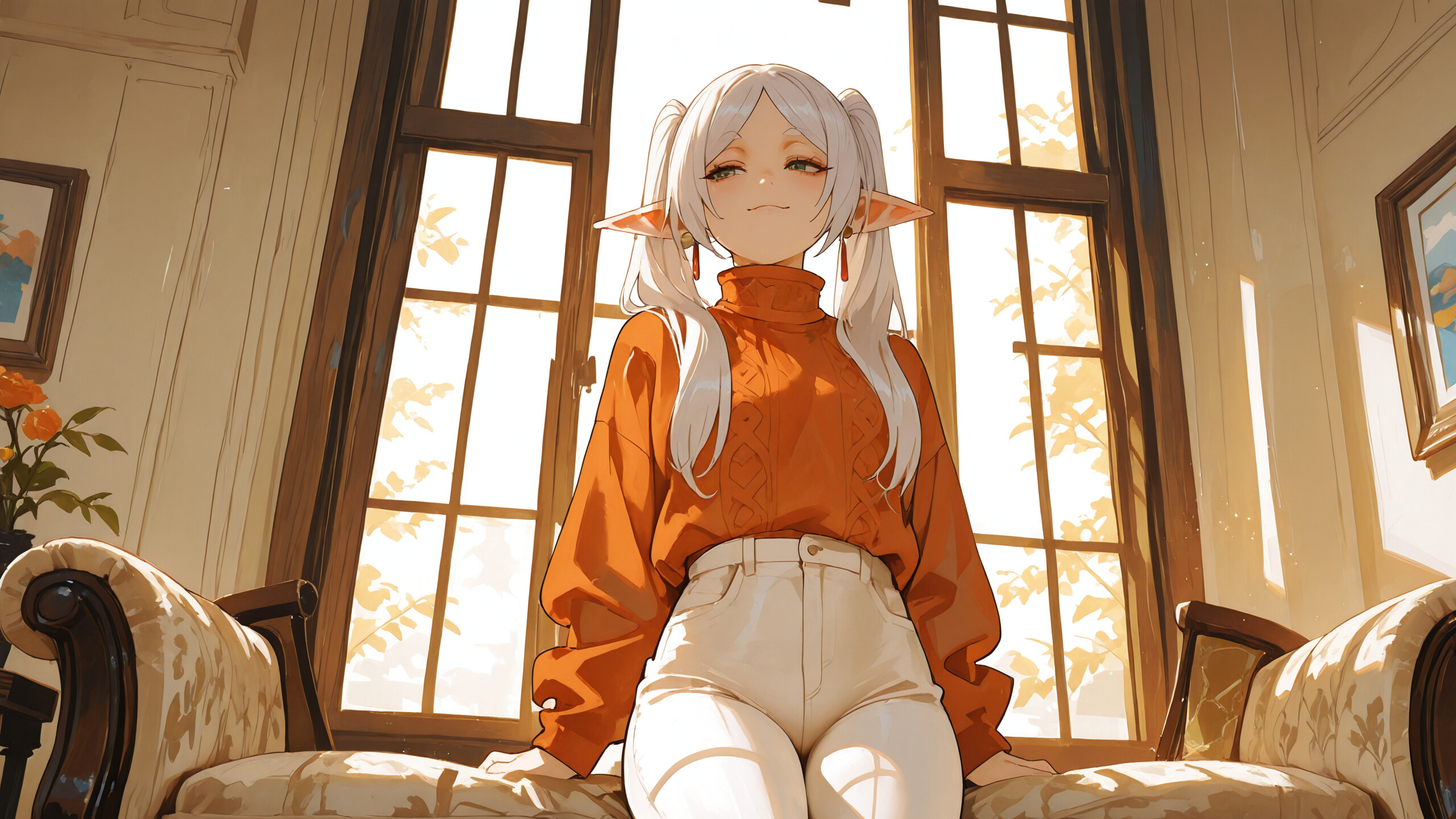 An illustration of the elf Frieren from 'Frieren: Beyond Journey's End', standing in a sunlit room. She has long white hair in pigtails, a smug expression, and is wearing a cozy orange turtleneck sweater and white pants.