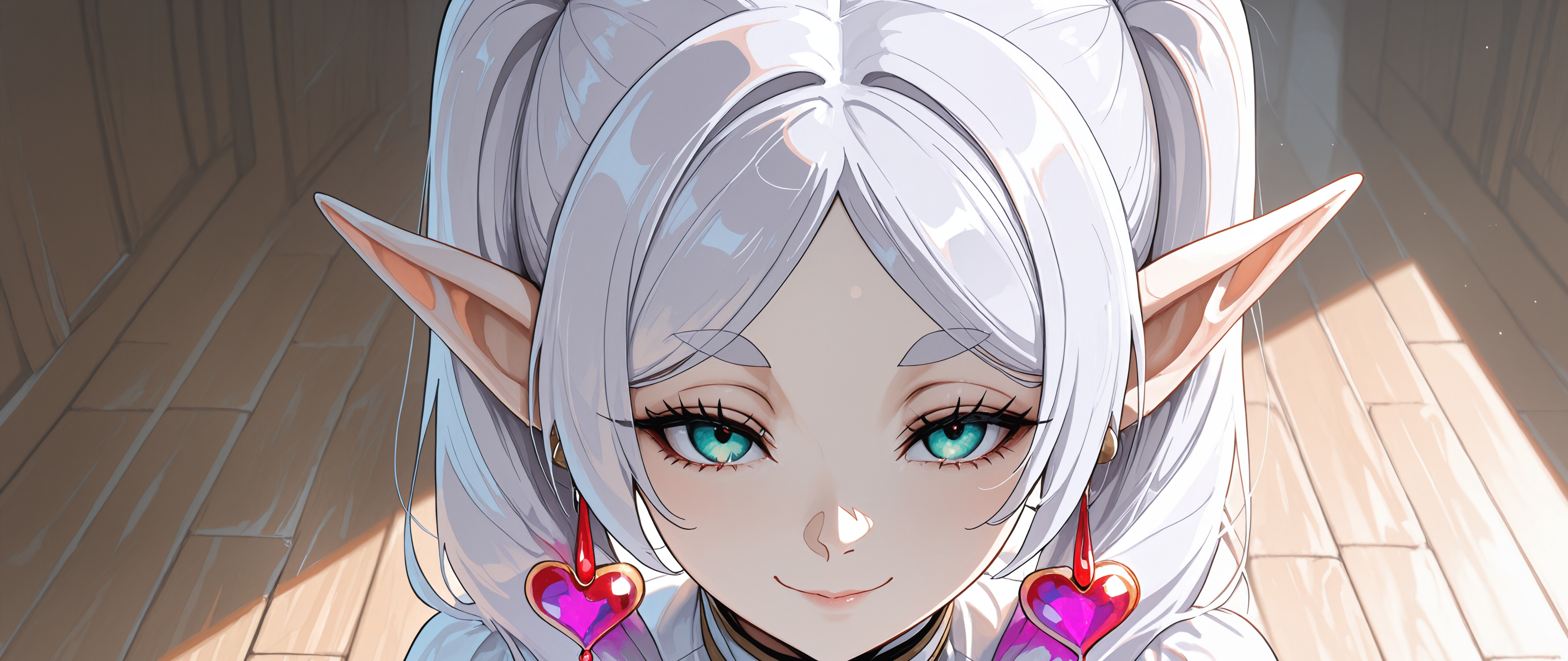 A close-up illustration of the elf Frieren from Frieren: Beyond Journey's End, smiling gently as she holds a glass bottle of purple potion in a sunlit room.