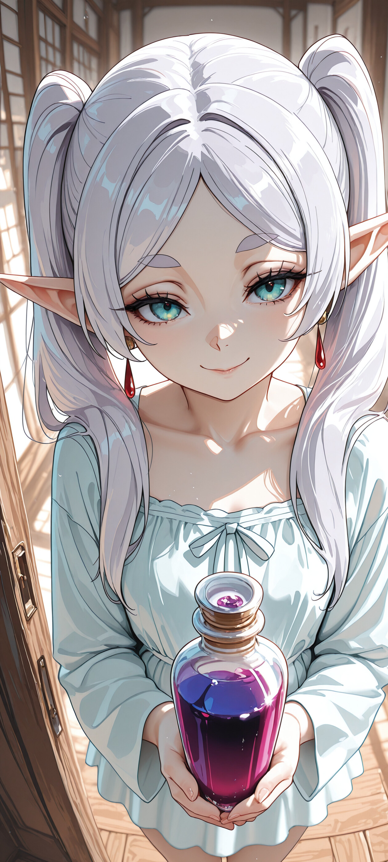 A close-up illustration of the elf Frieren from Frieren: Beyond Journey's End, smiling gently as she holds a glass bottle of purple potion in a sunlit room.