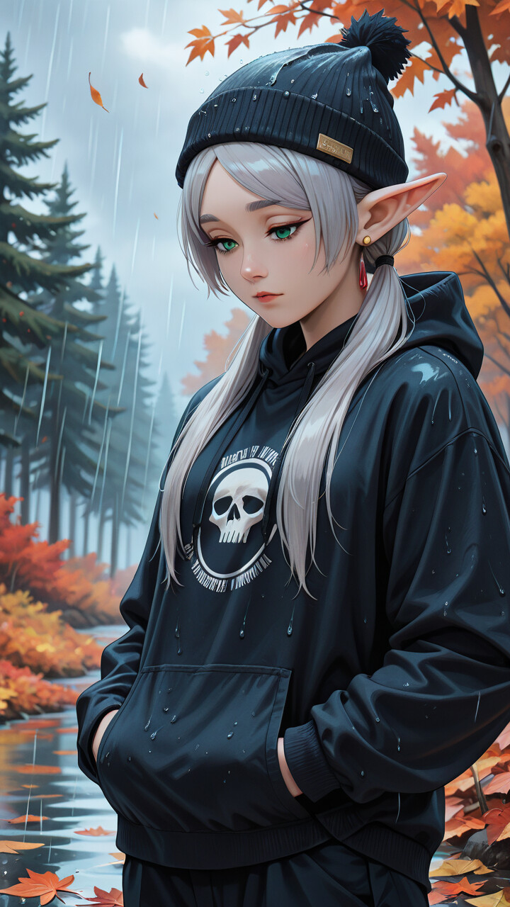 An illustration of the elf Frieren from 'Frieren: Beyond Journey's End' wearing a black hoodie and beanie, standing in a rainy autumn forest with a sad expression.