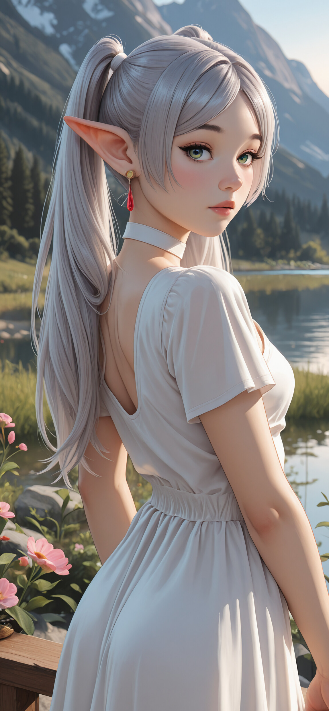A beautiful illustration of the elf Frieren from Frieren: Beyond Journey's End. She has long white hair in pigtails, pointy ears, and green eyes, and is wearing a white dress and choker while standing by a scenic mountain lake.