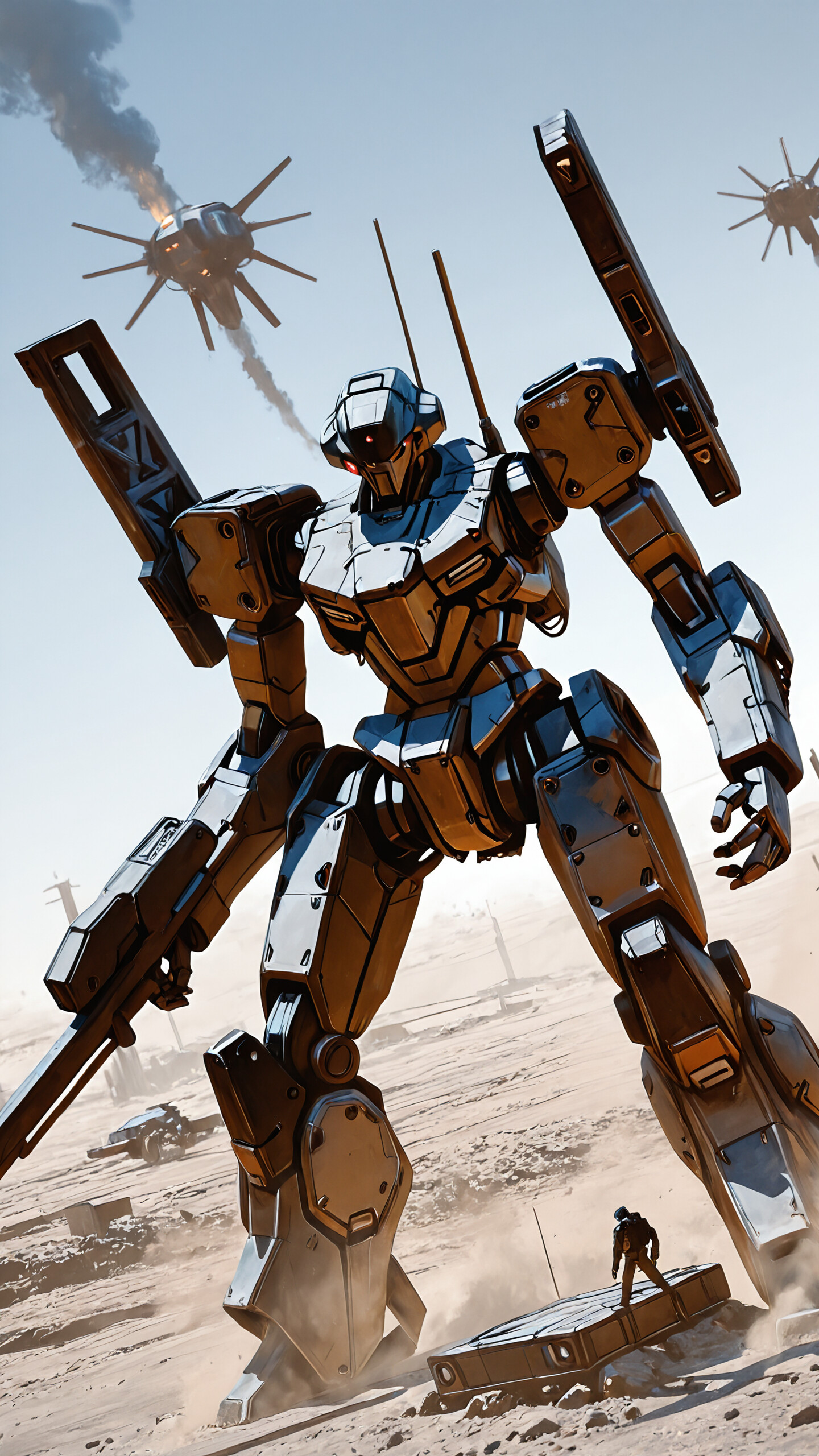 A dark, heavily armed mecha in a low combat stance in a desert, with smoke coming from one of its cannons and its hands on a large metal object. Another mecha is visible in the background.