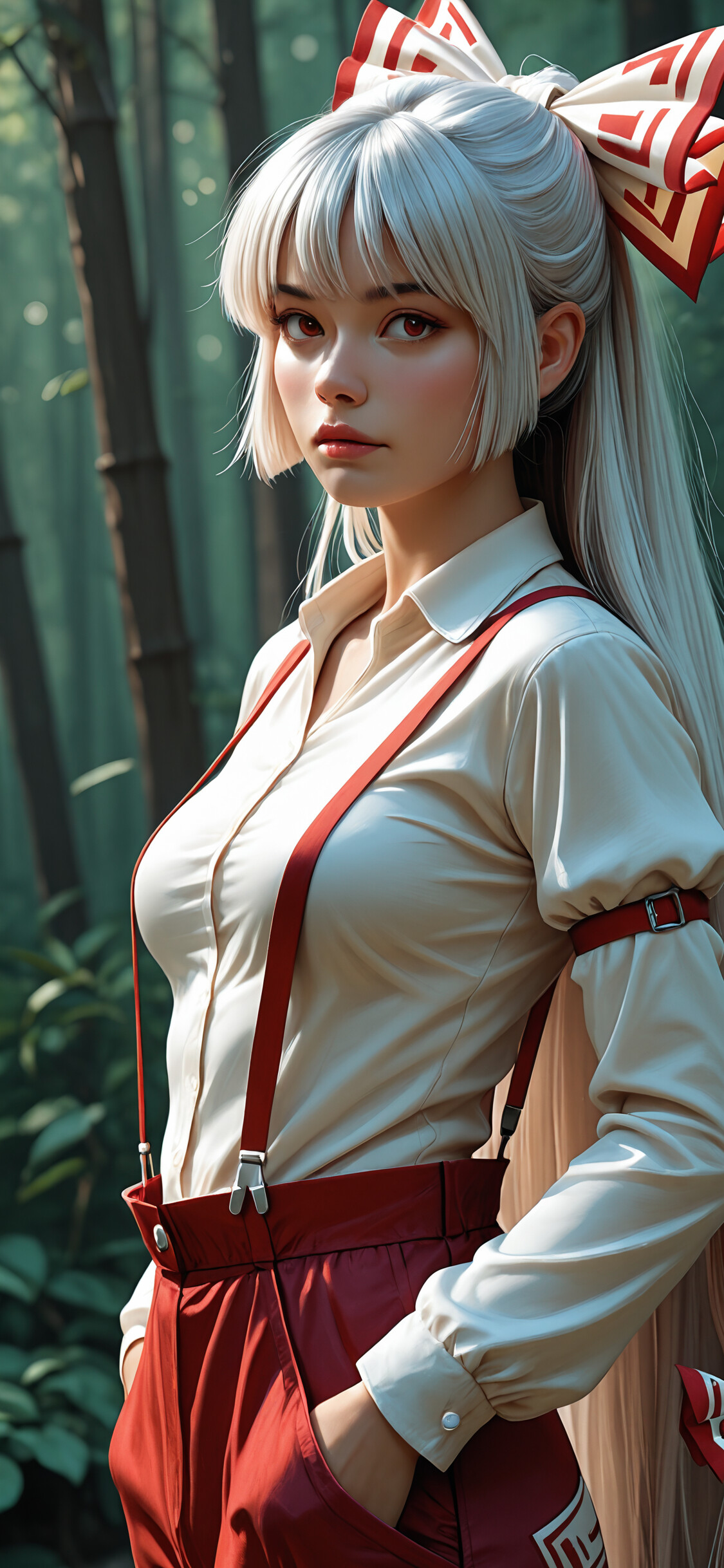 A realistic close-up portrait of Fujiwara no Mokou from Touhou Project. She has long silver hair, red eyes, and wears a large red and white bow, a white shirt, and red suspenders, looking directly at the viewer.