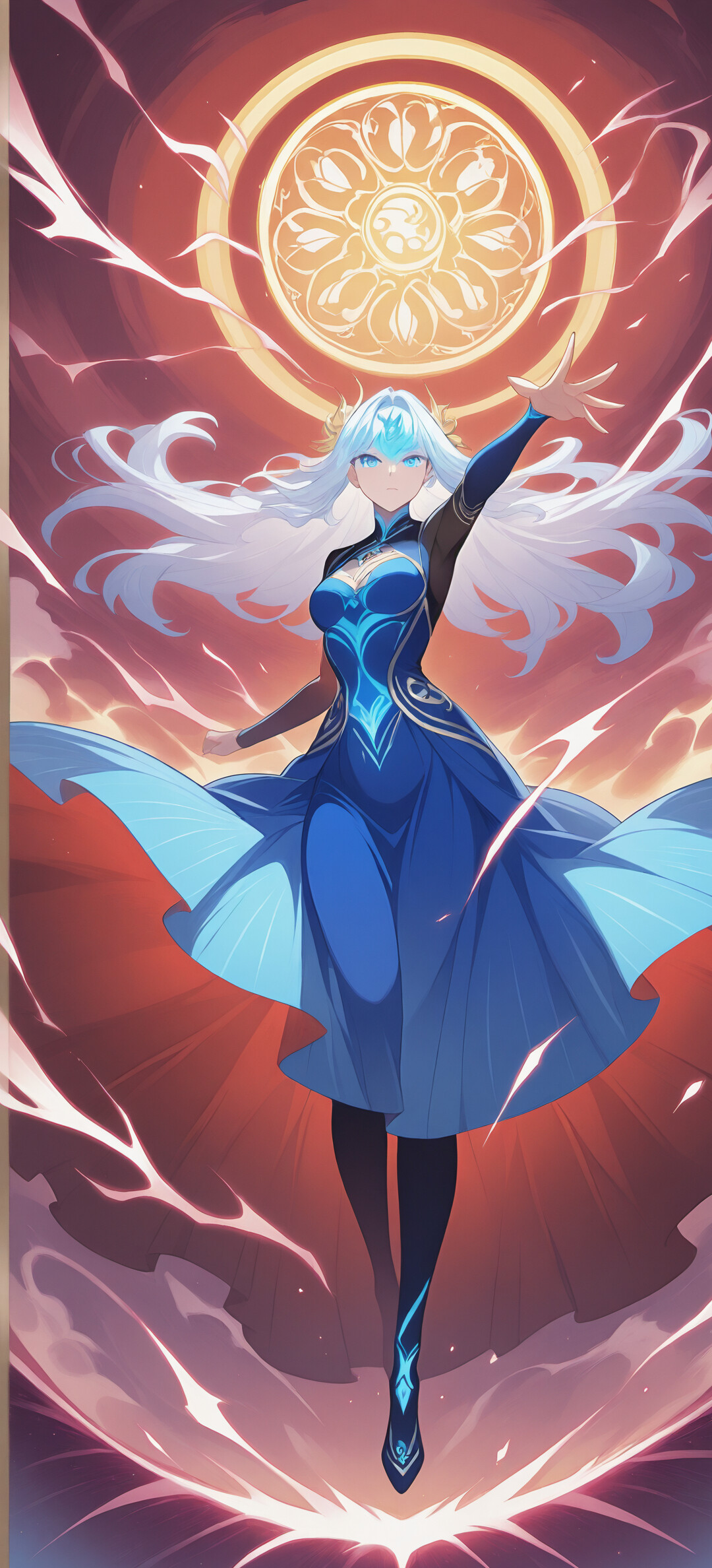 An anime-style digital painting of Furina from Genshin Impact. She has short white and blue hair and blue eyes, and wears a flowing blue dress. She is in a dynamic pose, surrounded by glowing blue electricity, with a large, intricate red magical circle behind her.