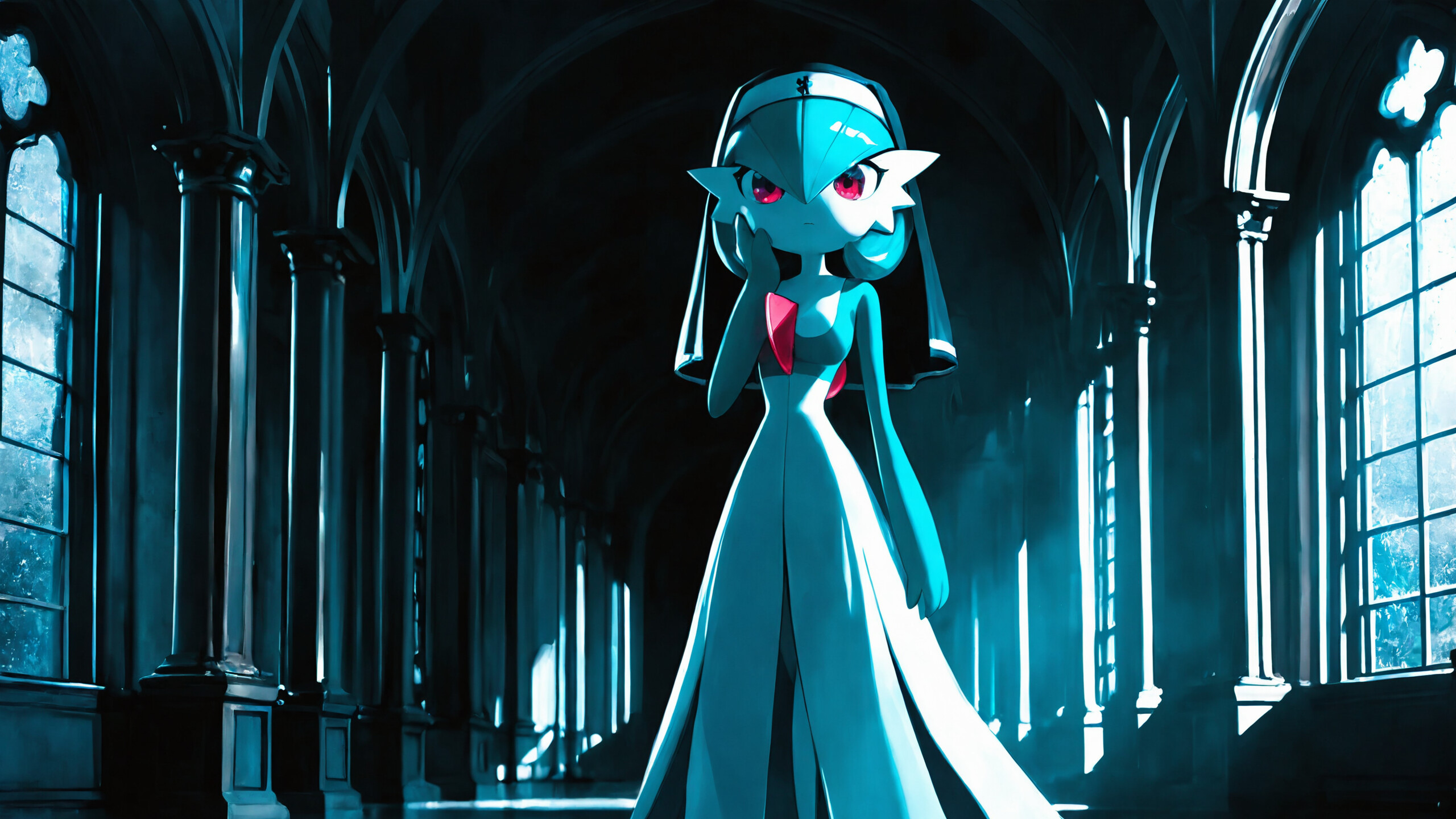 An artistic depiction of the Pokémon Gardevoir dressed as a nun in a long black habit, standing inside a dark gothic cathedral in front of a large, glowing blue window.