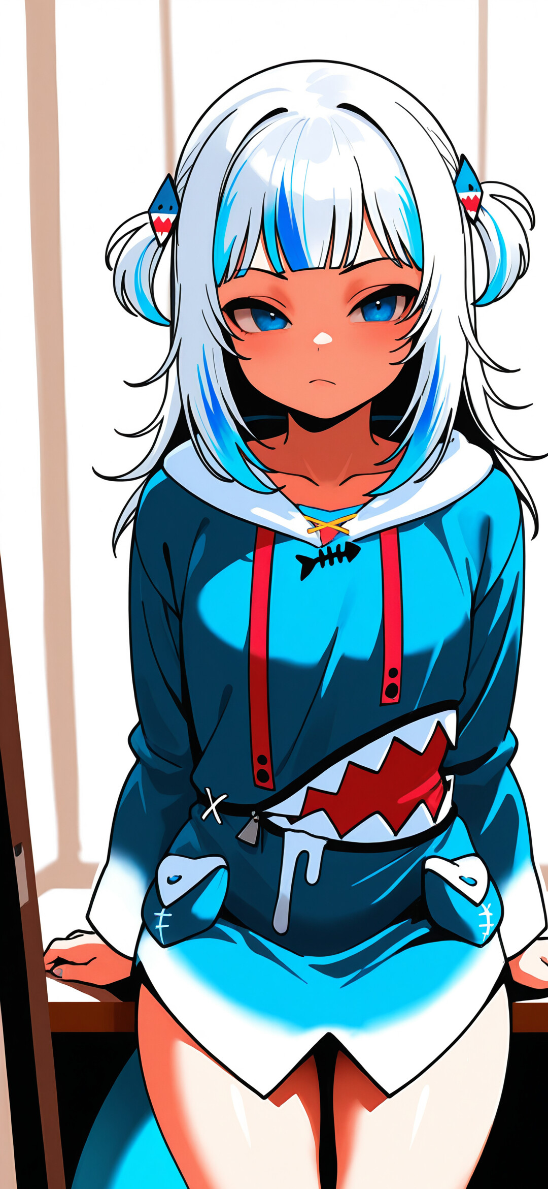 An anime-style illustration of Gawr Gura from Hololive. She has white hair with blue streaks, blue eyes, and is wearing her classic blue shark hoodie while looking through a doorway.