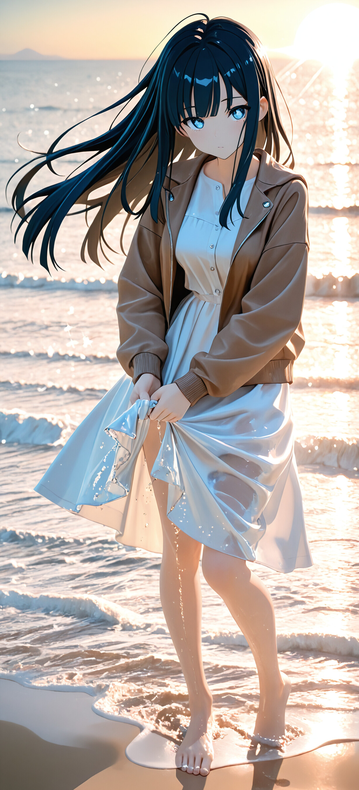 An anime-style girl with long black hair and blue eyes stands barefoot on a beach at sunrise. She wears a white dress and brown cardigan, looking at the viewer as waves wash over her feet and the sun glitters on the ocean.