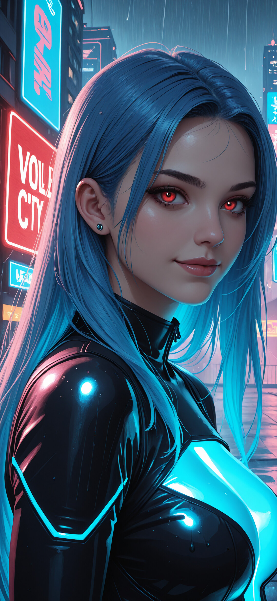 A woman with vibrant blue hair in a high ponytail and a black and pink glowing bodysuit looks over her shoulder, with a rainy cyberpunk cityscape visible behind her through a window.