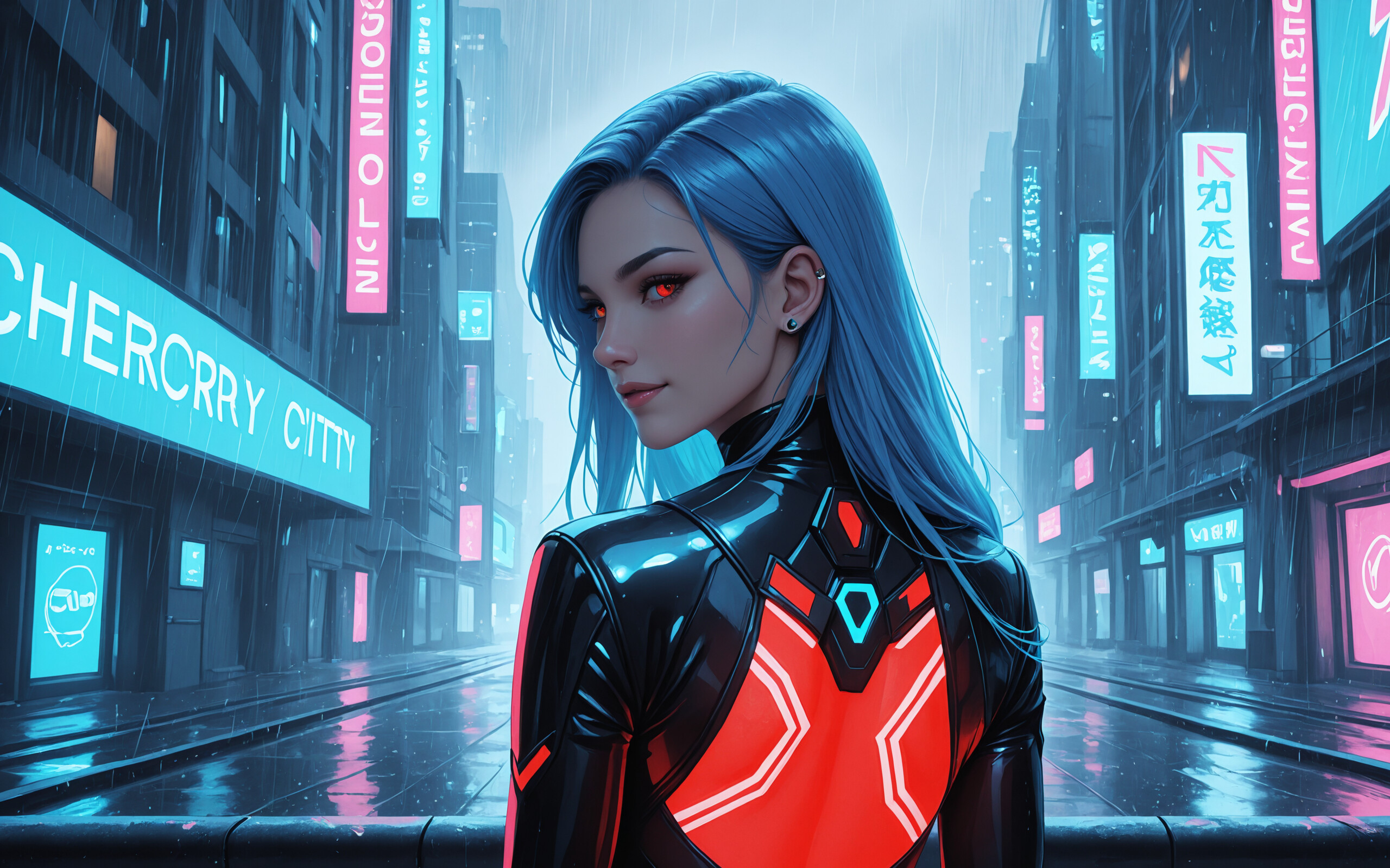 A woman with vibrant blue hair in a high ponytail and a black and pink glowing bodysuit looks over her shoulder, with a rainy cyberpunk cityscape visible behind her through a window.