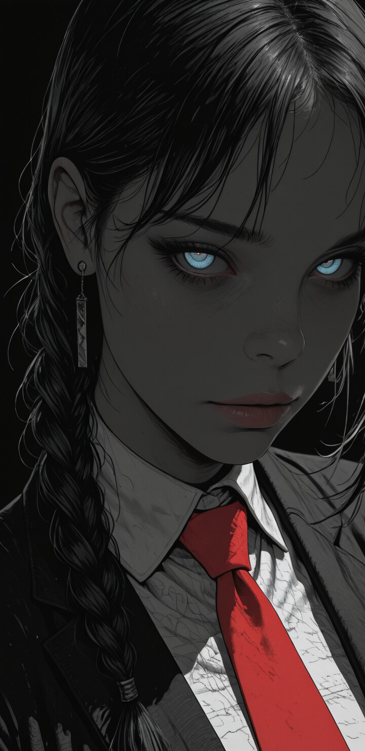 A close-up illustration of a young woman with black hair in a single braid and glowing light-blue eyes. She wears a black blazer and shirt with a red tie, and looks intensely forward from a darkly lit background.
