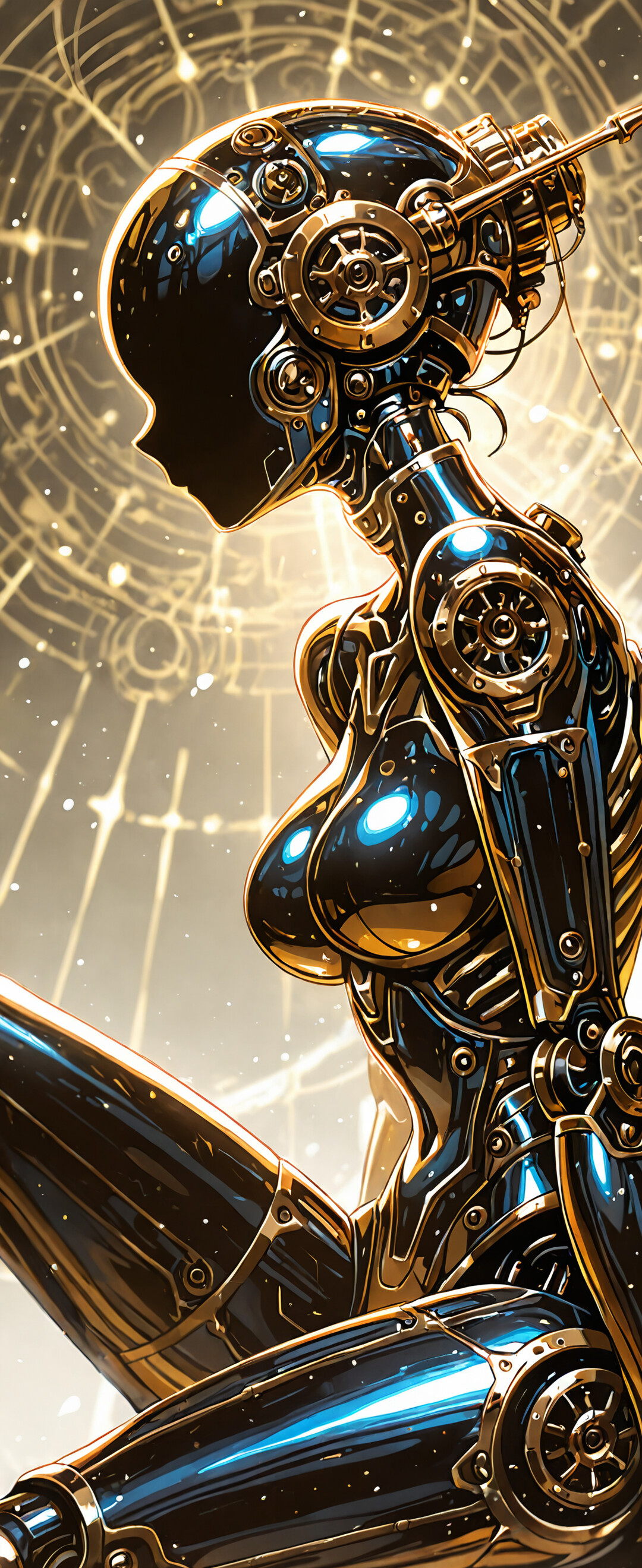 A female android with a white and gold body sits in a relaxed pose on the floor of a dark, industrial room. Her head is a polished golden sphere with a glowing sun pattern on the side.