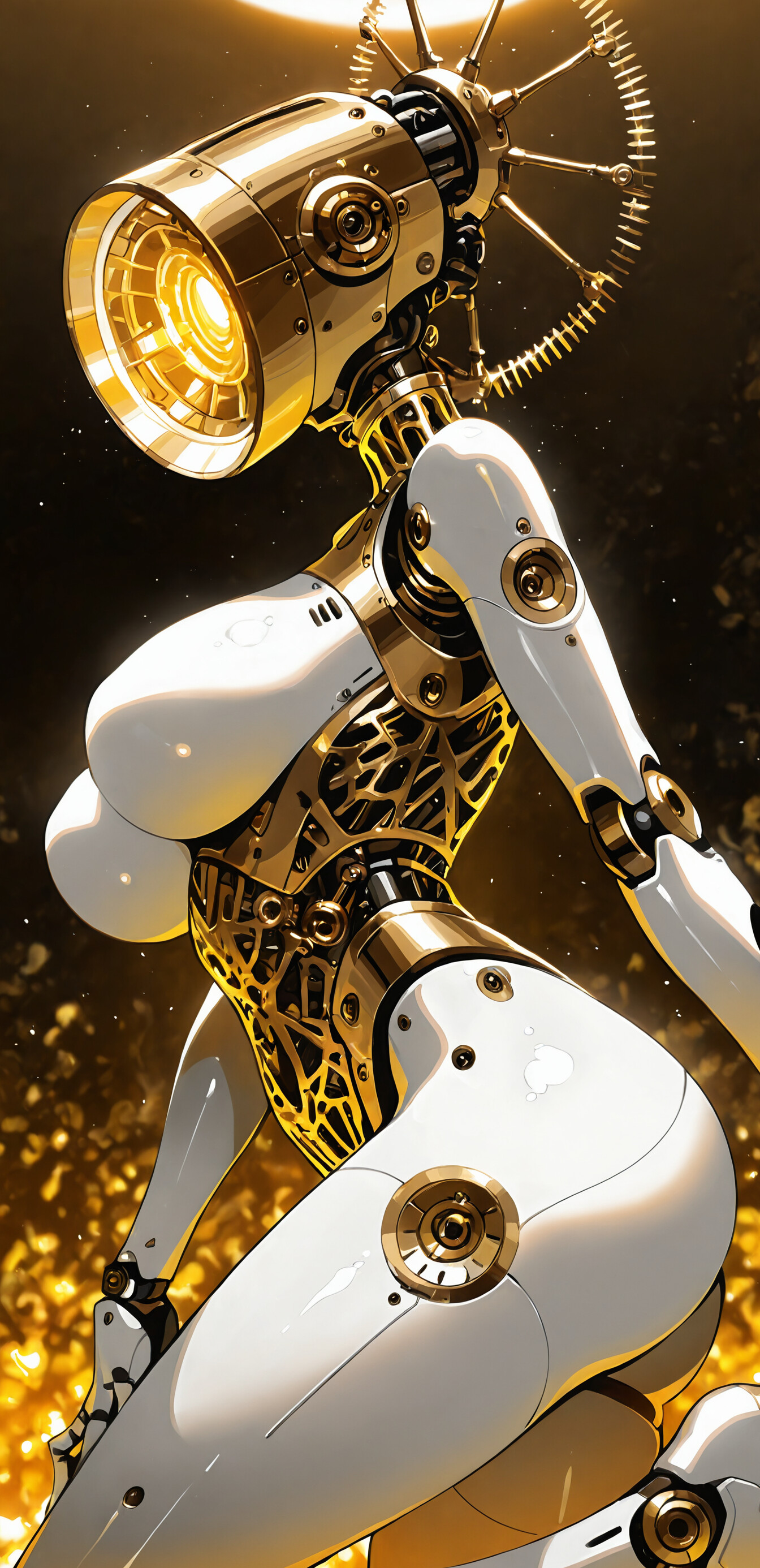 A side view of a white and gold female robot with a large, glowing lamp for a head, posing in a dark, industrial setting.