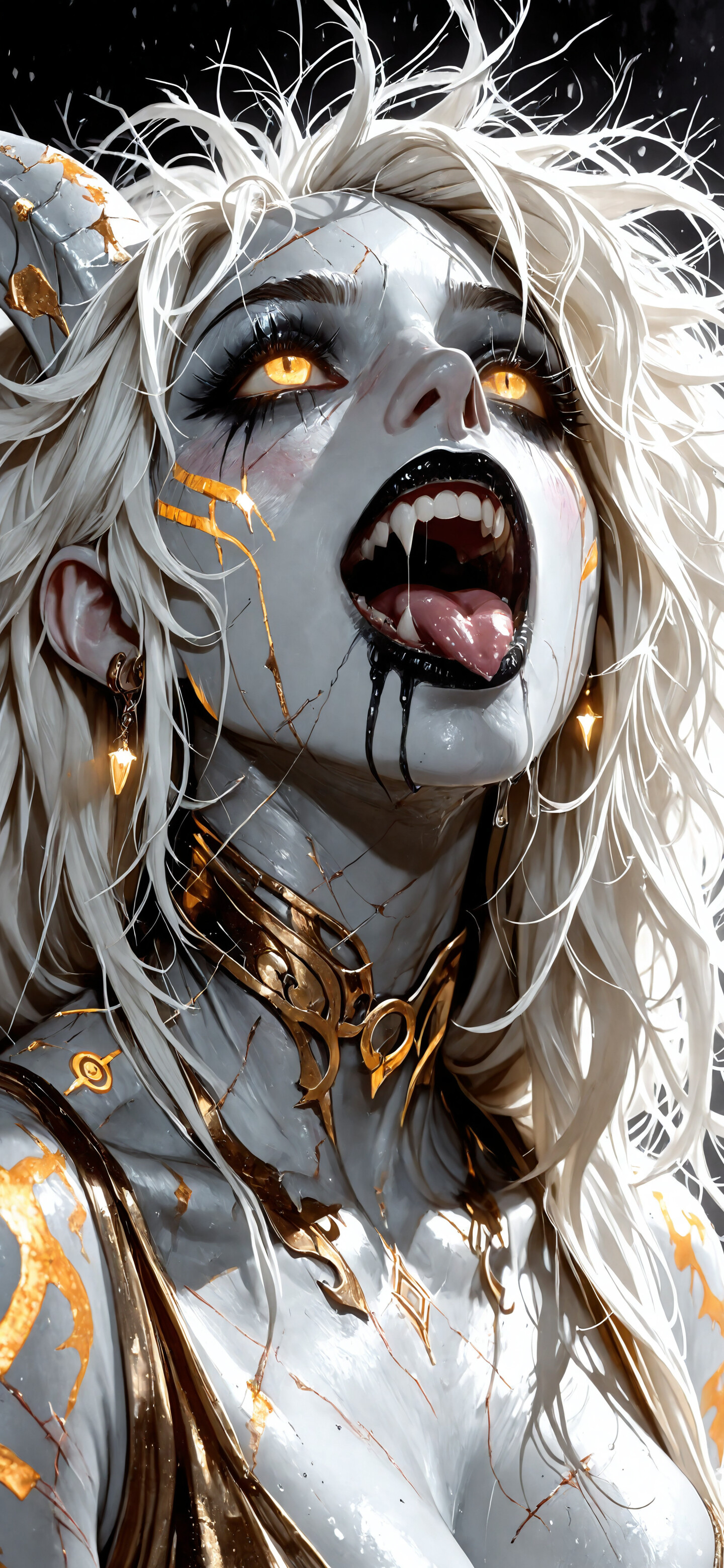 A close-up portrait of a female Lightforged Draenei with messy white hair and glowing yellow eyes. She is looking up with an ecstatic expression, her mouth open to show fangs, with her tongue out and drool dripping down.