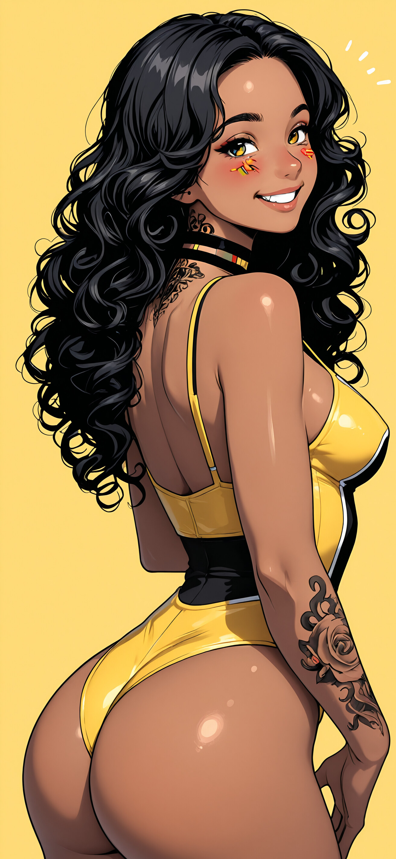An illustration of a young woman with dark skin, curly black hair, and yellow eyes, smiling happily. She wears a white top, a black choker, and has a tattoo on her neck, set against a yellow background.