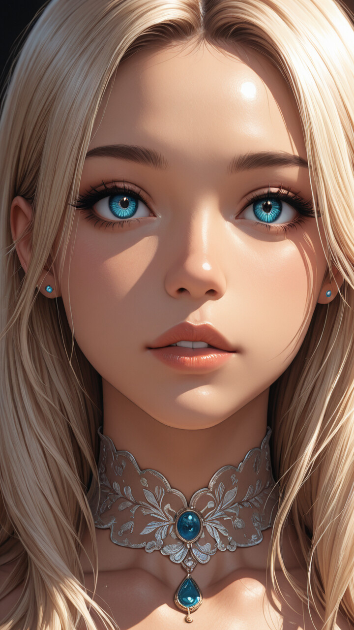 A digital portrait of a young woman with long blonde hair and blue eyes, looking over her shoulder. She has a small braid in her hair and wears a simple stud earring and a light camisole.