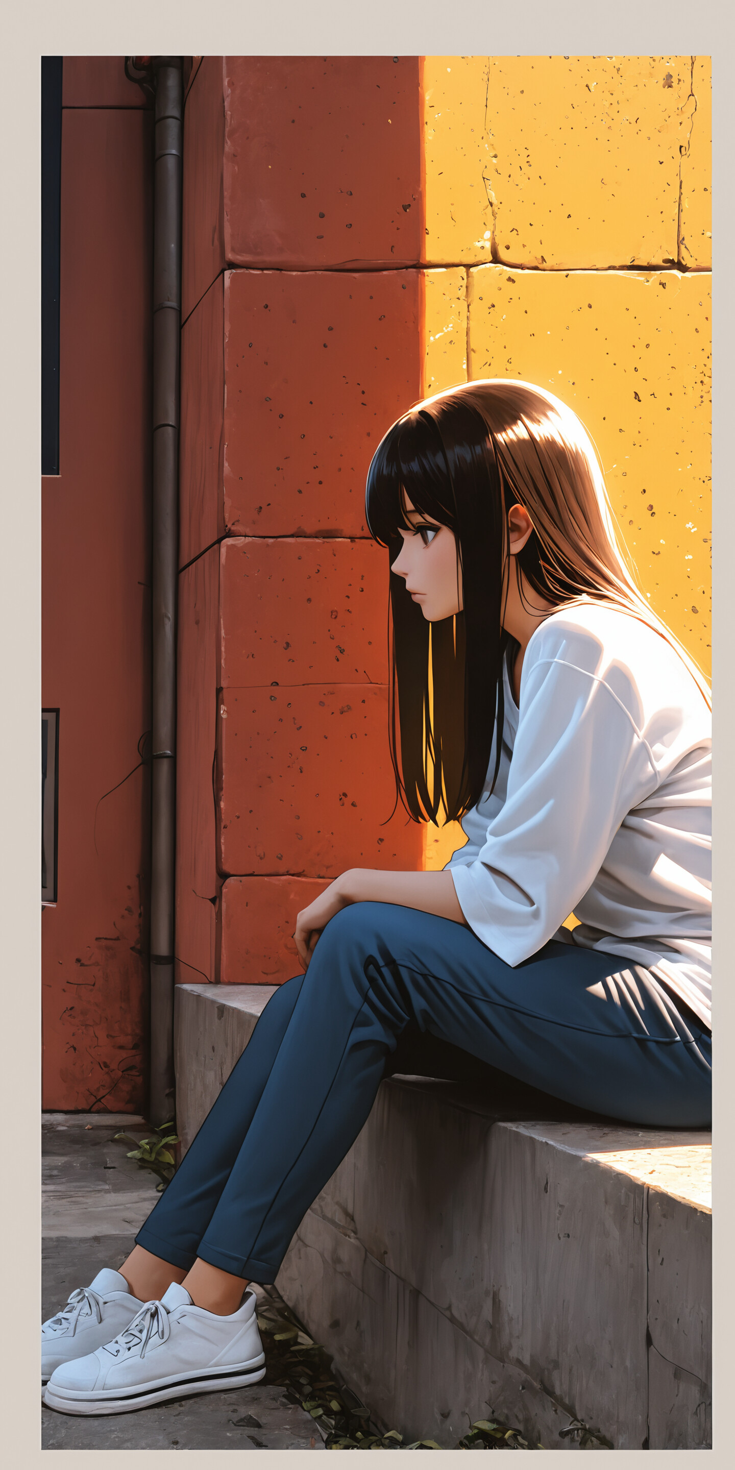 A young woman with long black hair in an anime style, sitting on sunlit concrete steps. She wears a white t-shirt, blue pants, and white sneakers, looking down thoughtfully against a weathered wall.