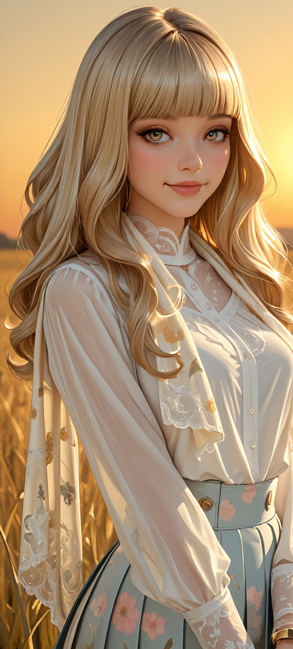 A young woman with long blonde hair and bangs stands in a golden wheat field at sunset. She wears a white blouse and a floral skirt, smiling softly as she balances a tiny animal figurine on her fingertip.