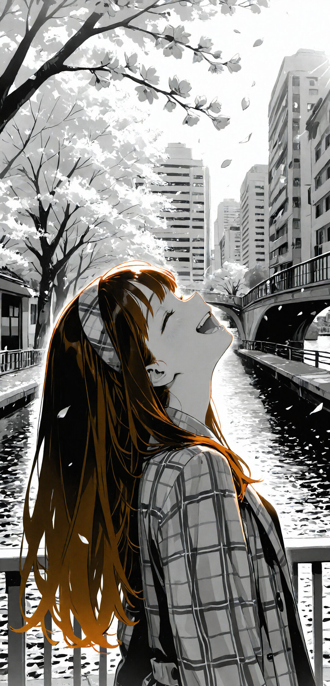 An anime girl with long brown hair, wearing a plaid coat and hairband, laughing joyfully with her head tilted back while leaning on a railing by a river. The background is a grayscale cityscape with cherry blossom trees, while she is highlighted in a warm, golden light.