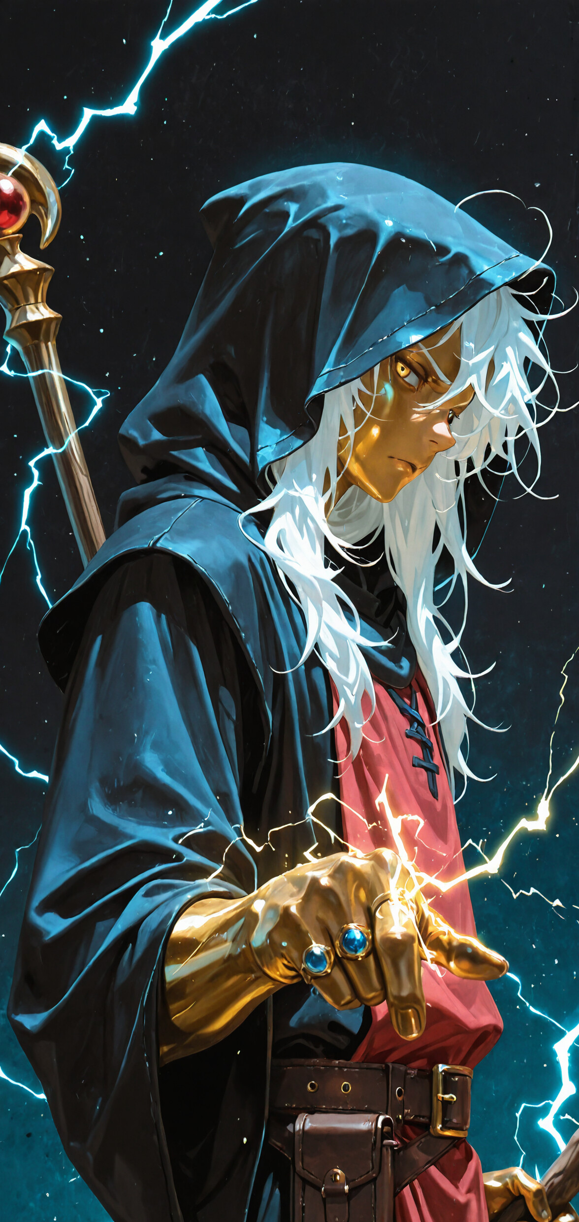 A male wizard with gold skin, long white hair, and a black hooded robe, pointing forward while holding a magical staff as blue lightning crackles in the background.