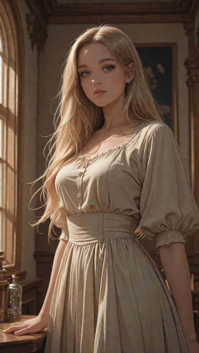 A beautiful young woman with long blonde hair and large golden wings, dressed as a fantasy angel in a white gown, golden corset, and crown, against a starry night sky.