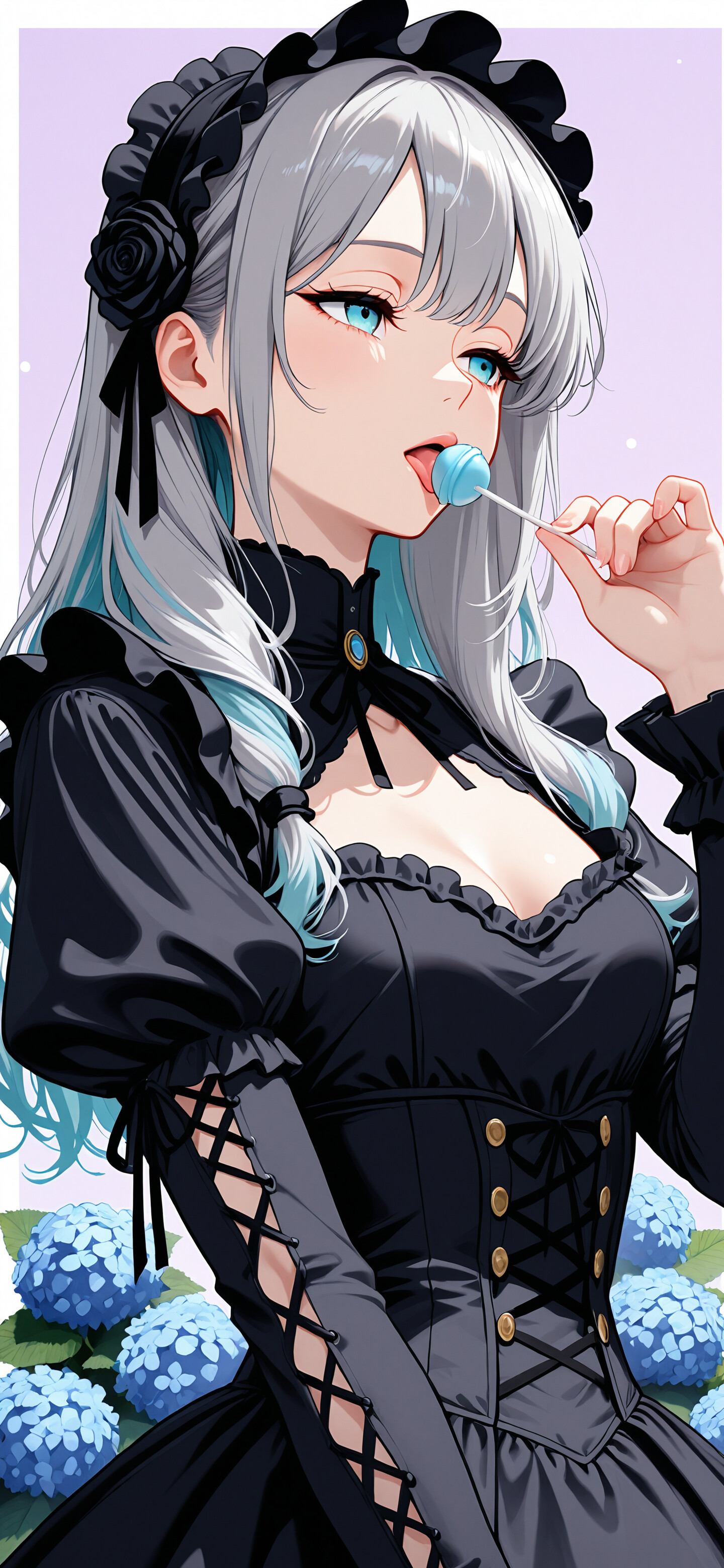 An anime girl with long silver and light blue hair, identified as Illustrious from Azur Lane, wearing a black gothic maid dress. She is licking a red lollipop against a background of red roses and a purple gradient.