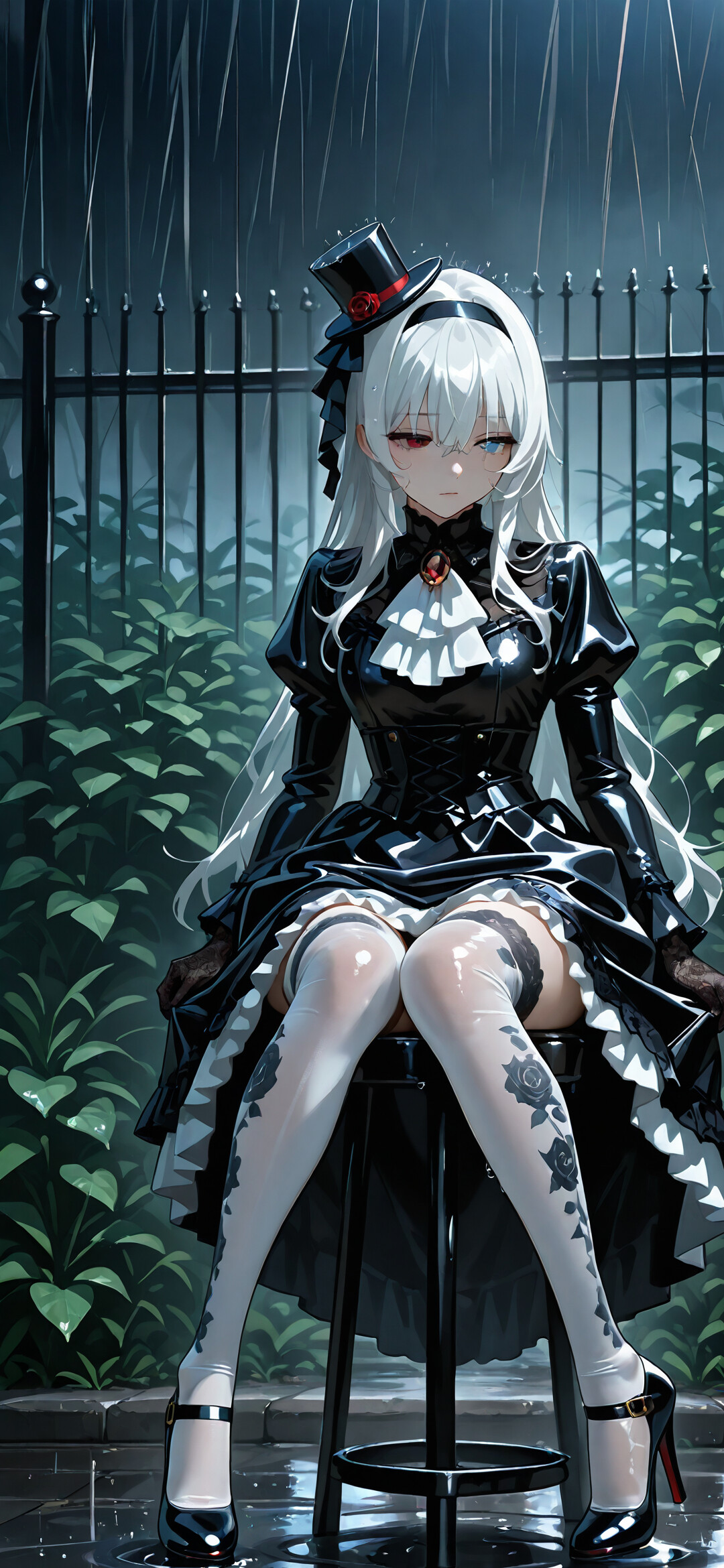 A full-body illustration of an anime girl with long white hair and mismatched red and blue eyes, wearing a black gothic dress and a small top hat. She is sitting on a stool outdoors in the pouring rain with a sad expression.