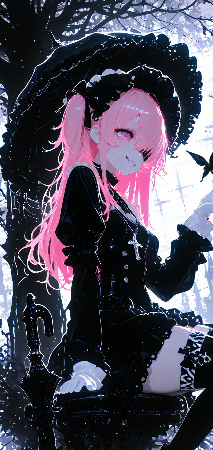An anime girl with long pink hair and a black eyepatch, dressed in a black Gothic Lolita outfit, smiles while sitting under a dark tree and holding a black parasol.