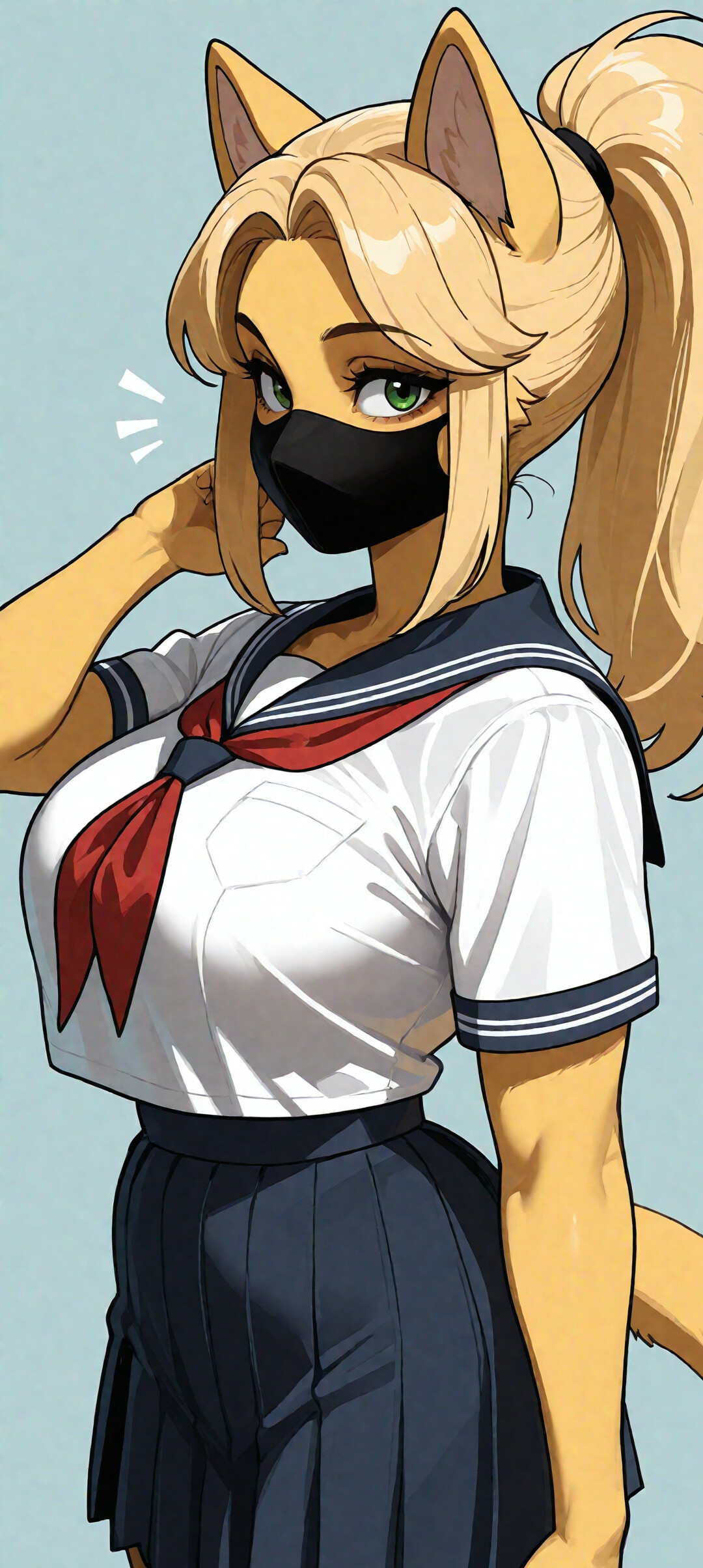 An anime illustration of a young woman with blonde hair in a ponytail and vibrant green eyes, wearing a Japanese school uniform and a light blue face mask.