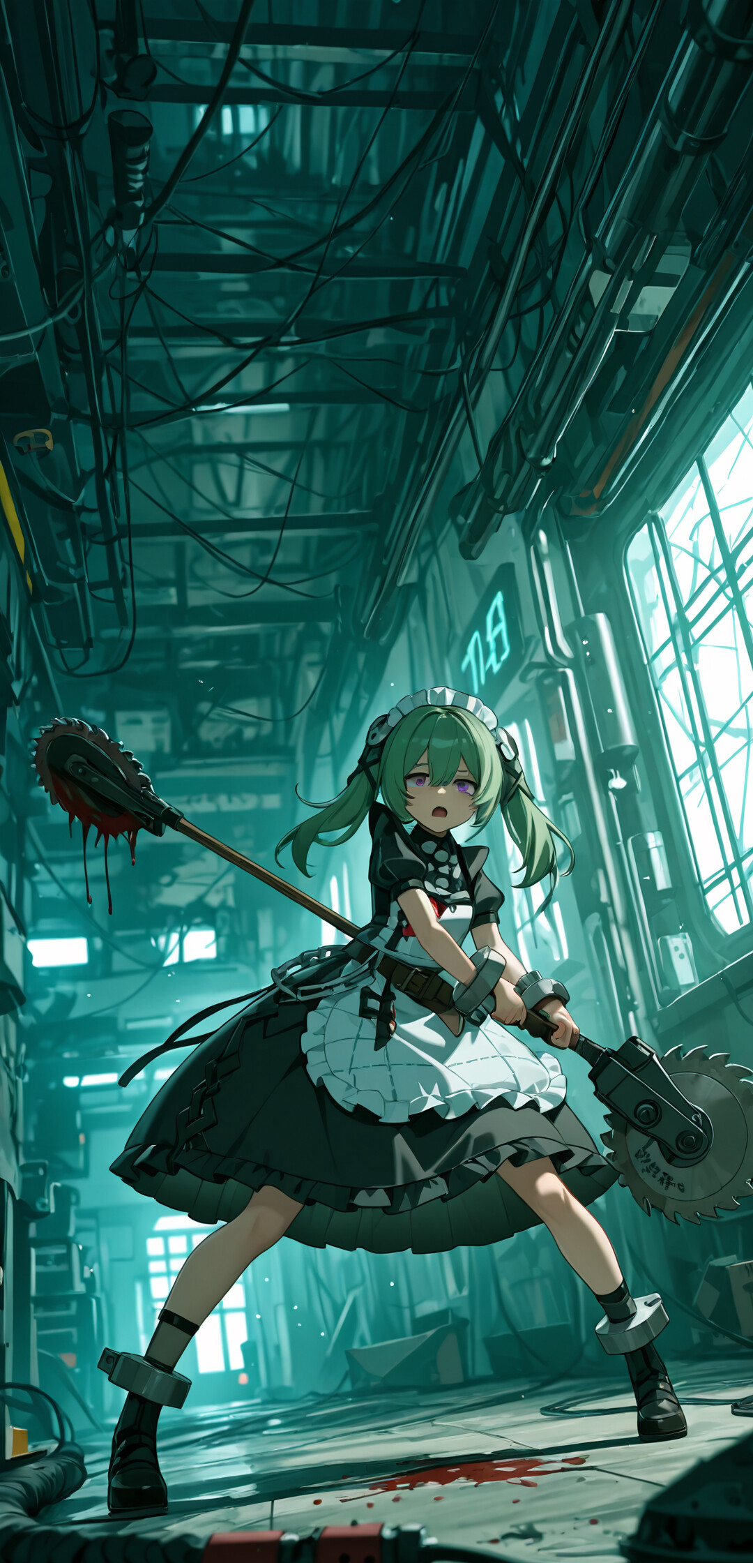 A full-body illustration of Gretel from SINoALICE, an anime girl with green hair in a maid outfit, screaming as she holds a giant circular saw weapon in a dark, sci-fi factory setting.