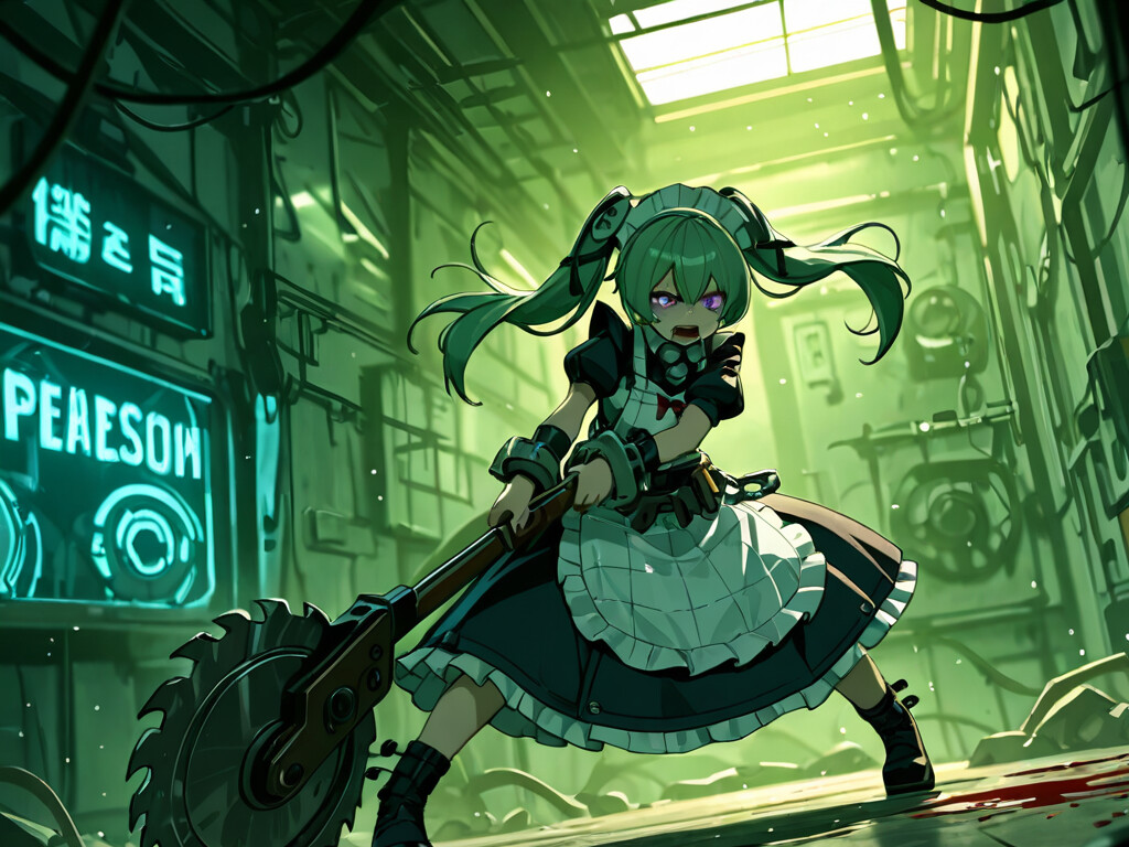 A full-body illustration of Gretel from SINoALICE, an anime girl with green hair in a maid outfit, screaming as she holds a giant circular saw weapon in a dark, sci-fi factory setting.