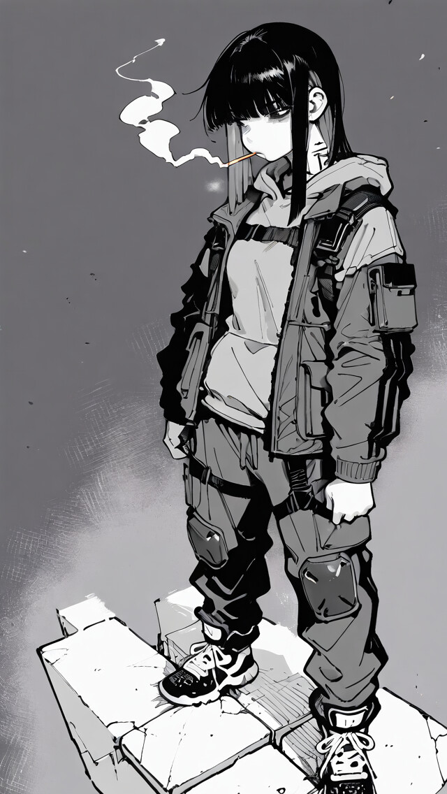 A young woman with black hair in a monochrome manga style, sitting on the ground and leaning against a concrete wall while smoking a cigarette. She is wearing a techwear outfit with a hooded jacket, cargo pants, and large sneakers.