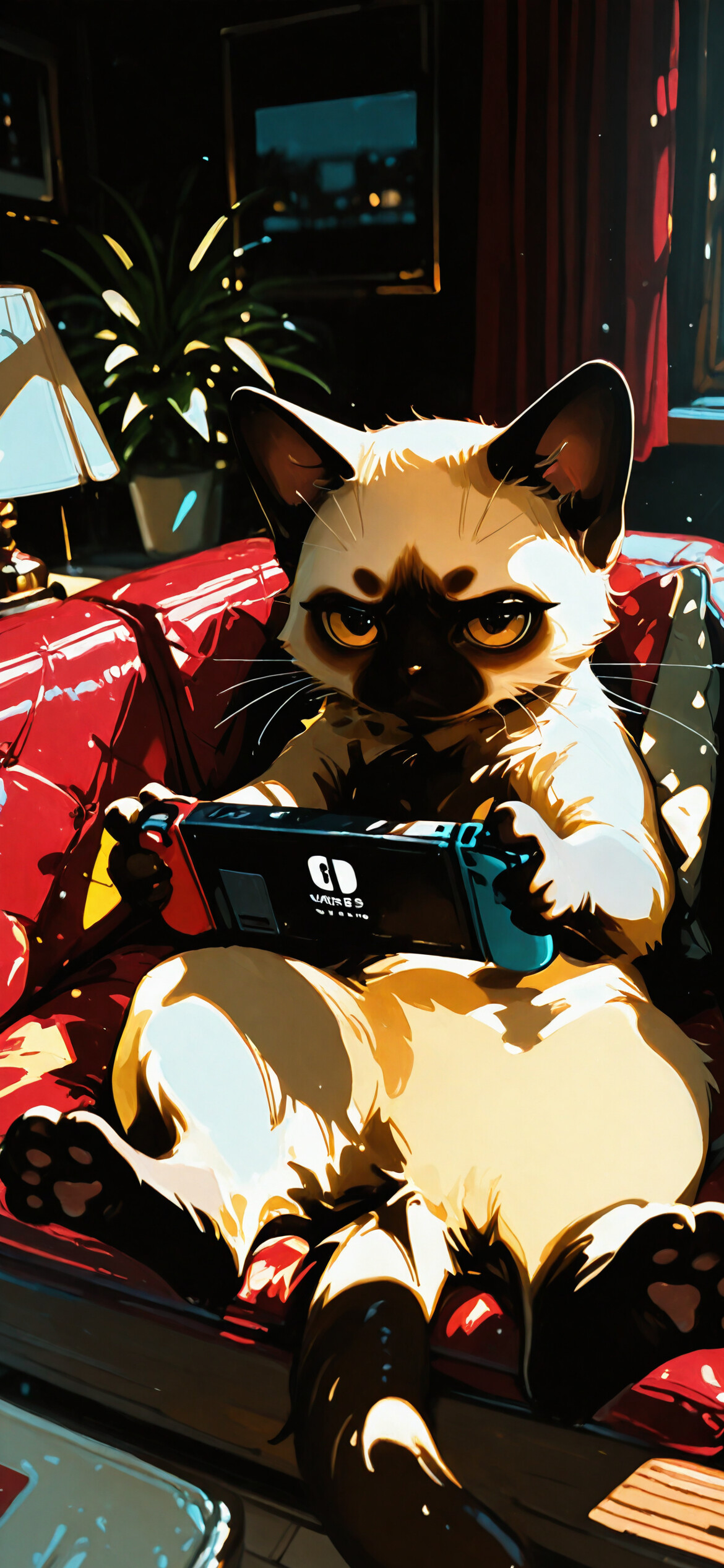 A stylized Siamese cat with a grumpy expression, lounging on a dark blue couch while holding and playing a Nintendo Switch in a dimly lit room with plants and a lamp in the background.